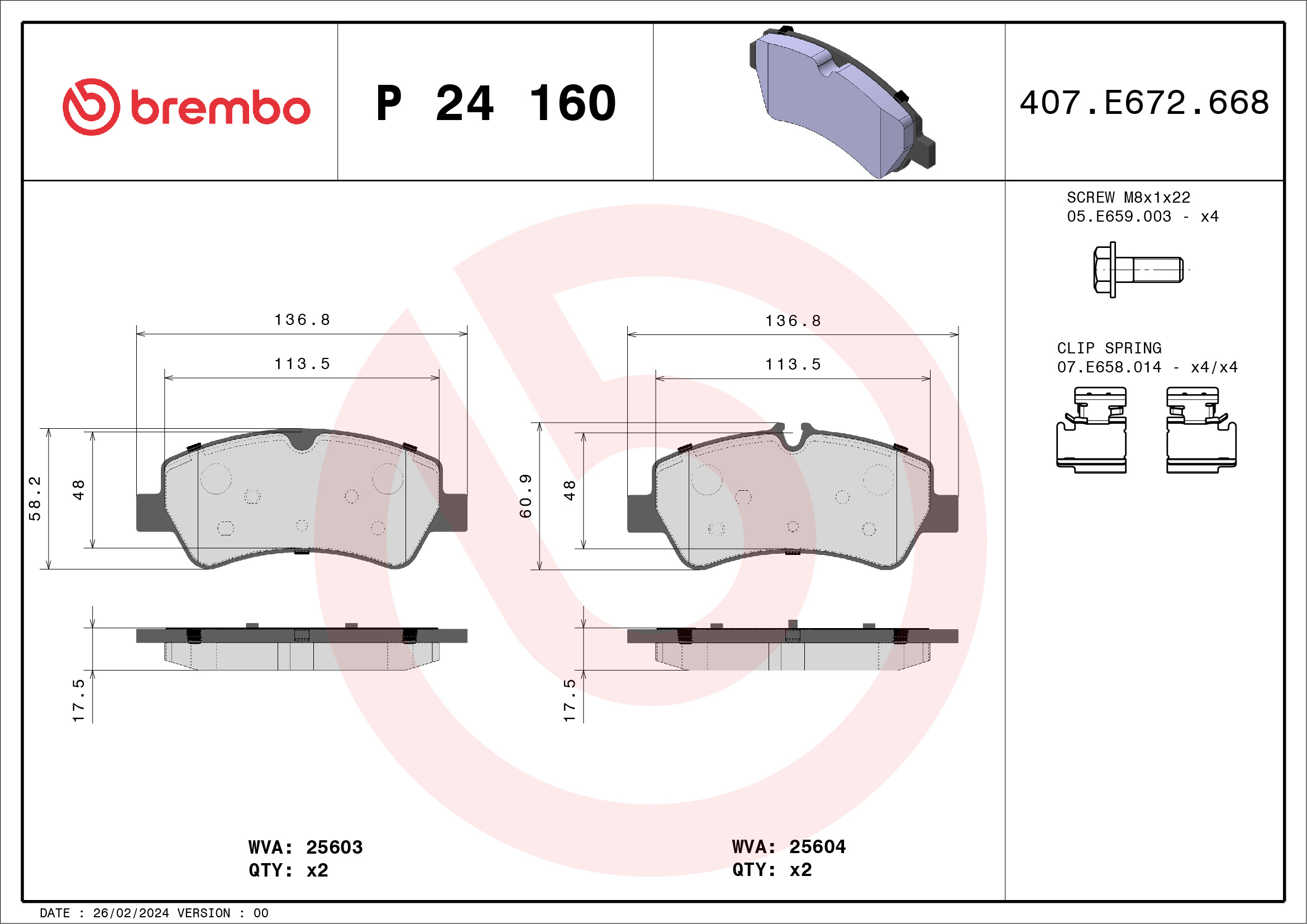 Kit pastiglie freno, Freno a disco - P 24 160 BREMBO