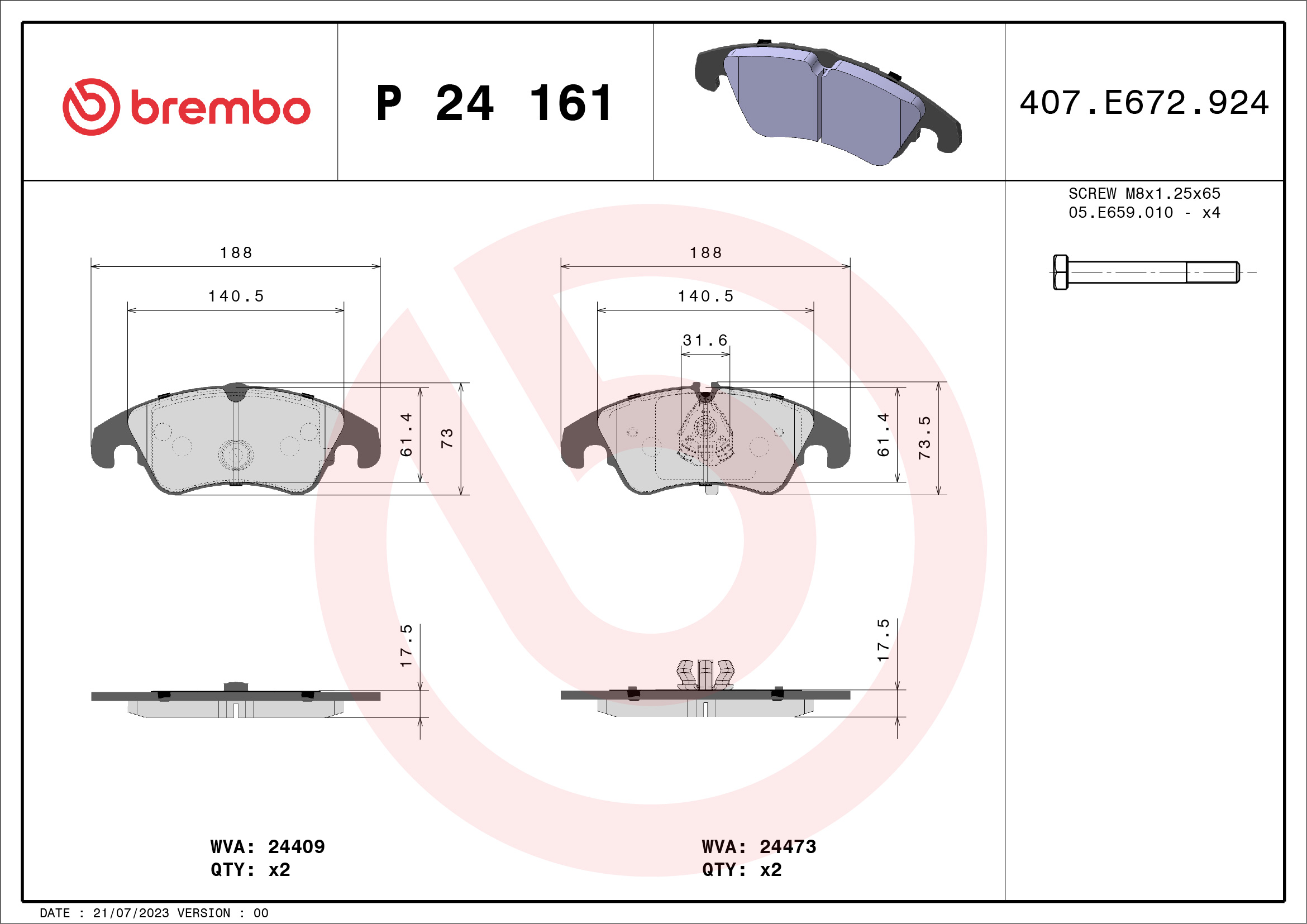Brake Pad Set, disc brake - P 24 161 BREMBO