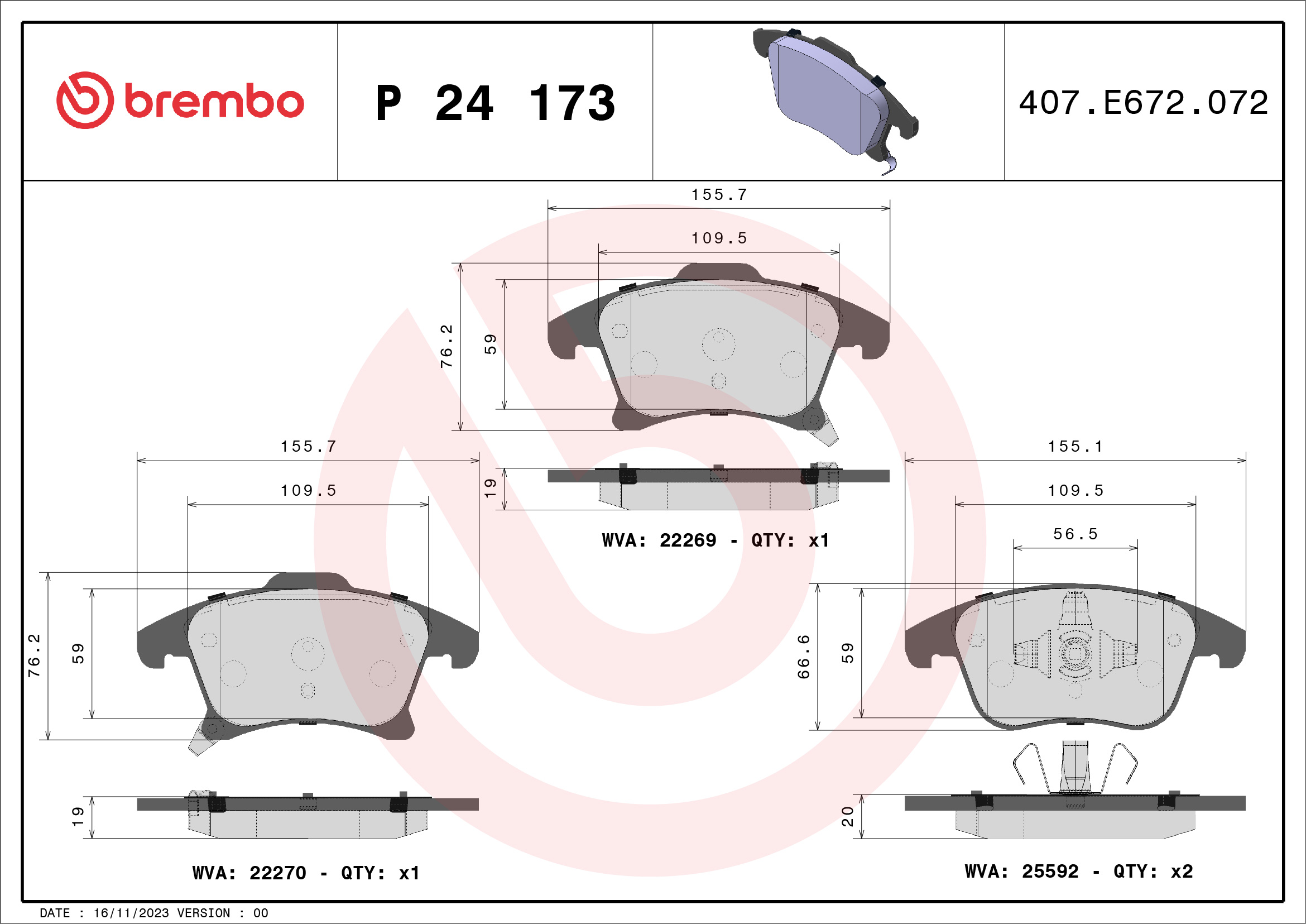 Комплект тормозных колодок, дисковый тормоз - P 24 173 BREMBO