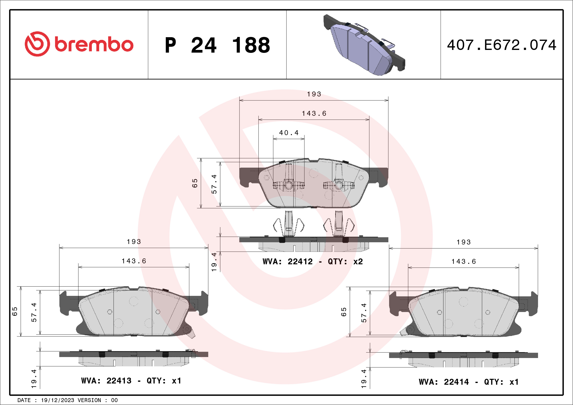 stabdžių trinkelių rinkinys, diskinis stabdys - P 24 188 BREMBO