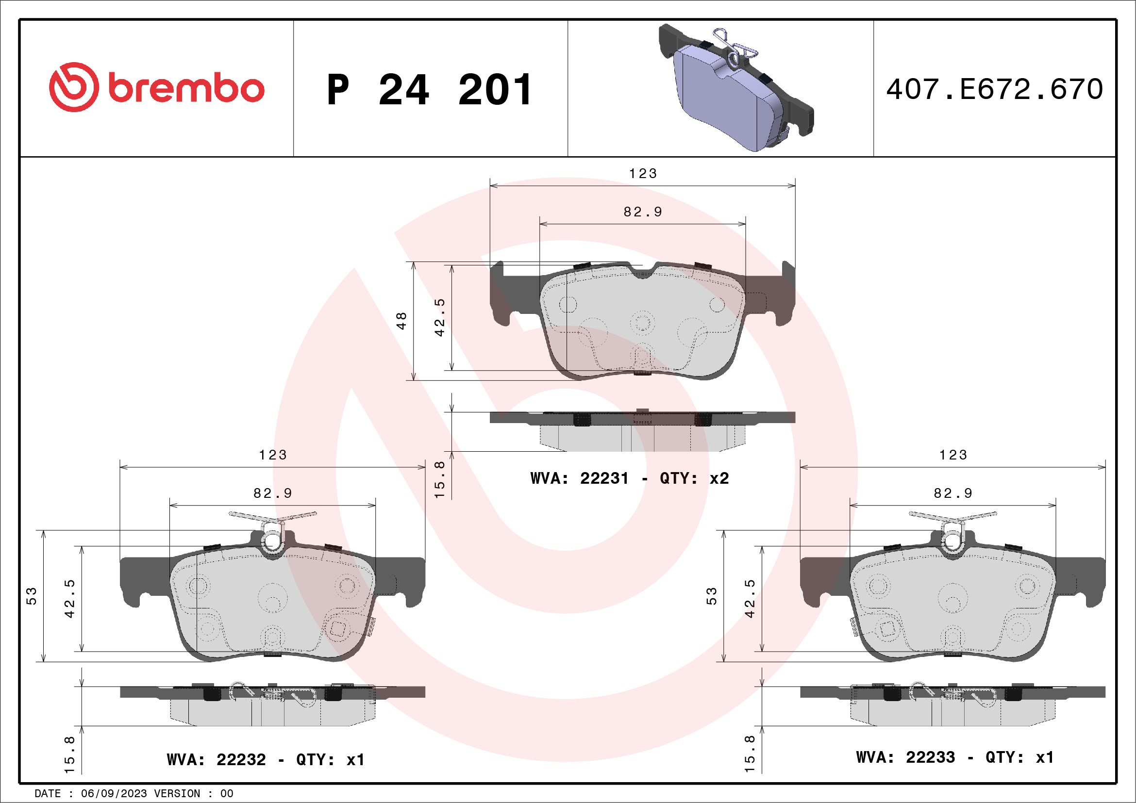 Комплект тормозных колодок, дисковый тормоз - P 24 201 BREMBO