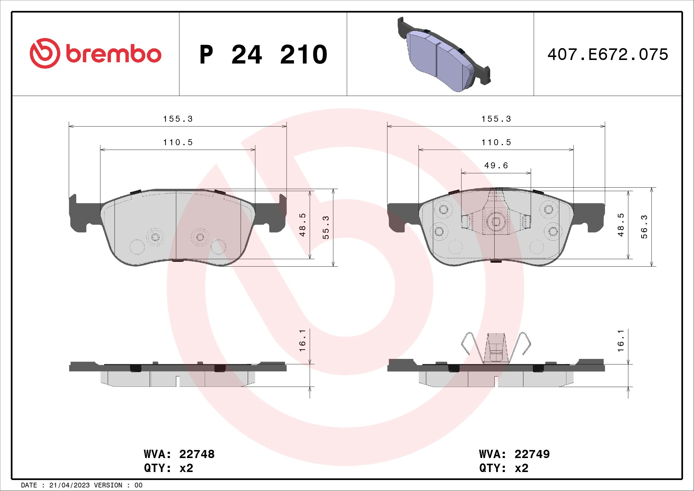 Brake Pad Set, disc brake - P 24 210 BREMBO