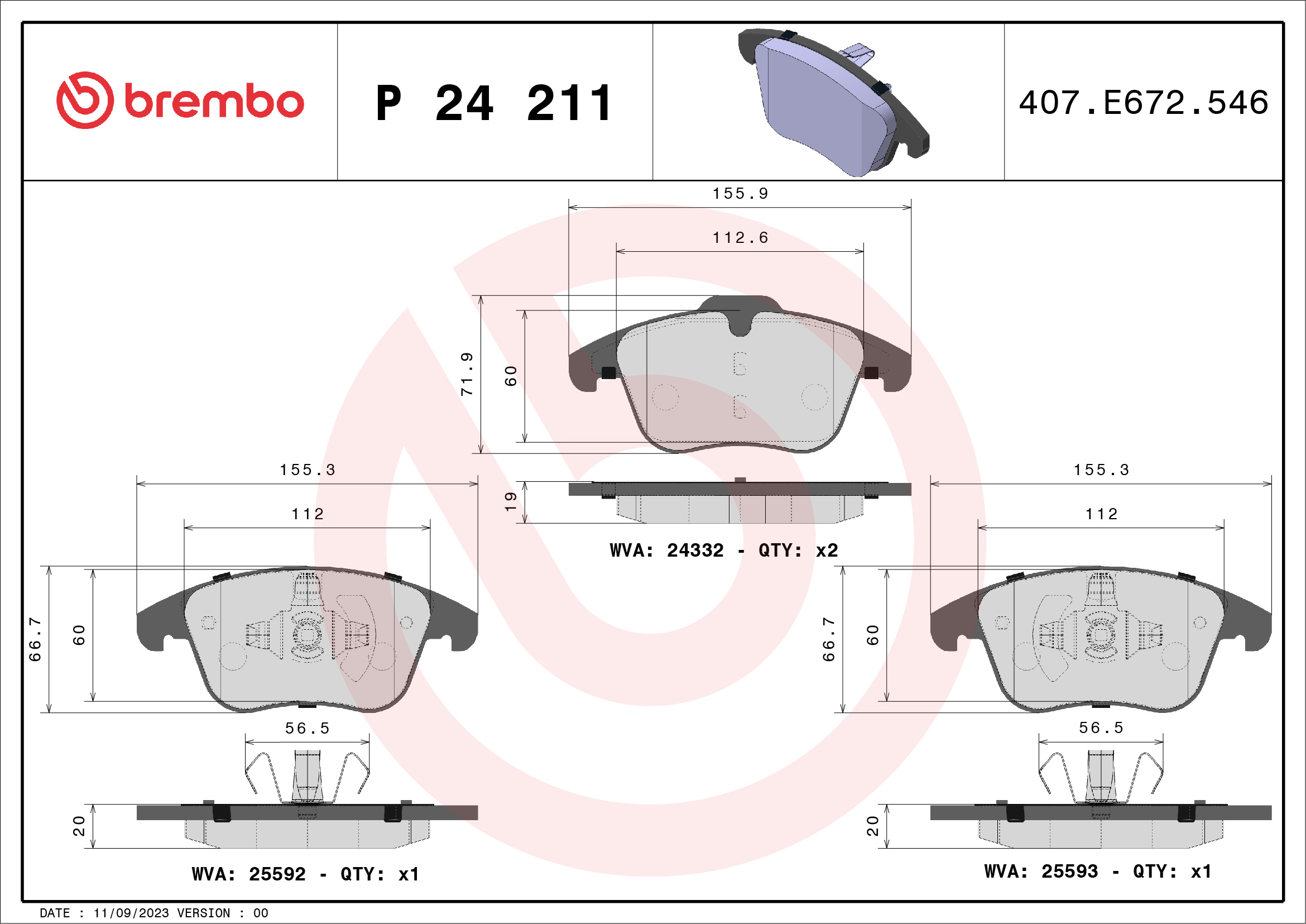 Brake Pad Set, disc brake - P 24 211 BREMBO