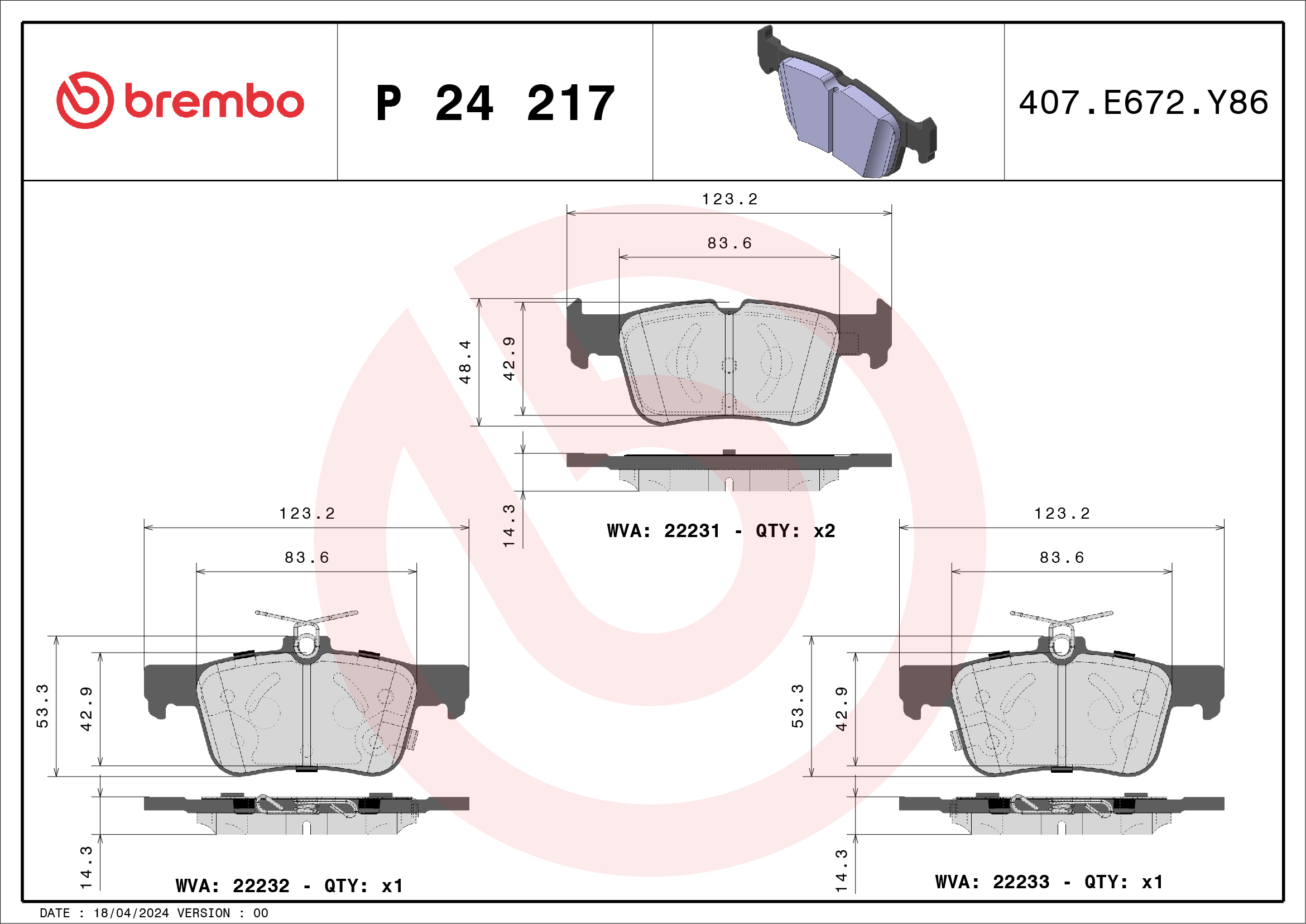 Brake Pad Set, disc brake - P 24 217 BREMBO