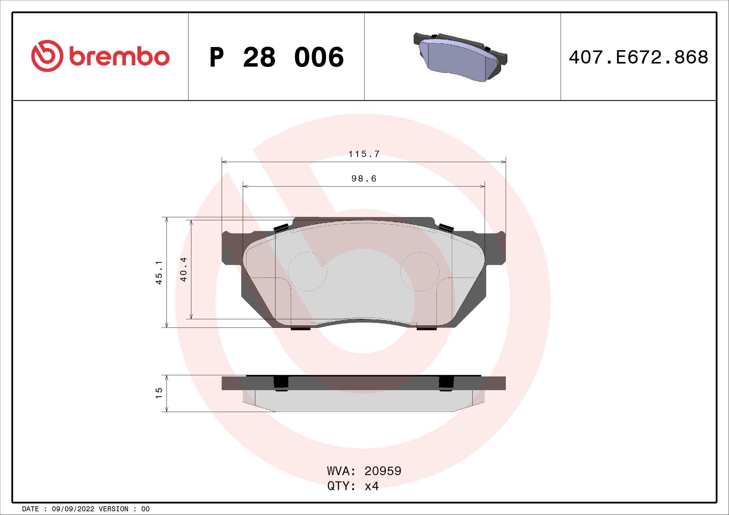 Brake Pad Set, disc brake - P 28 006 BREMBO