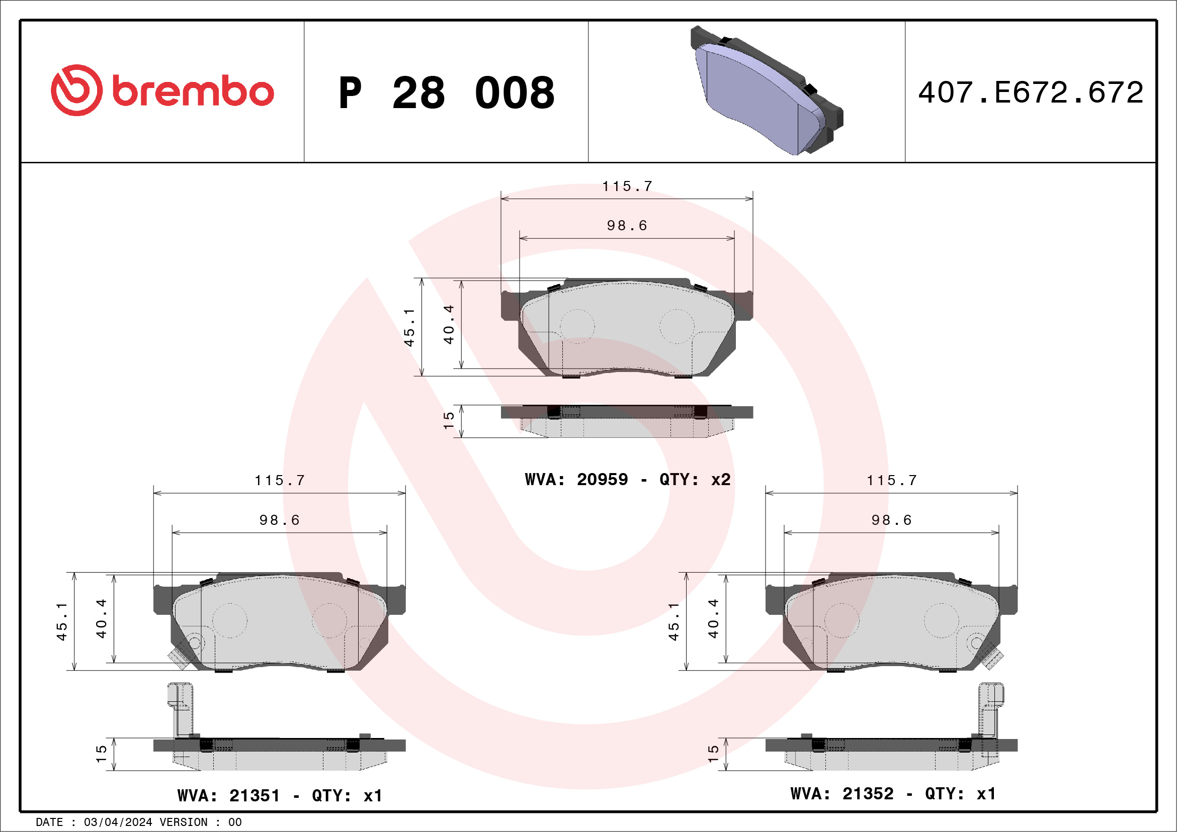 Bremsbelagsatz, Scheibenbremse - P 28 008 BREMBO