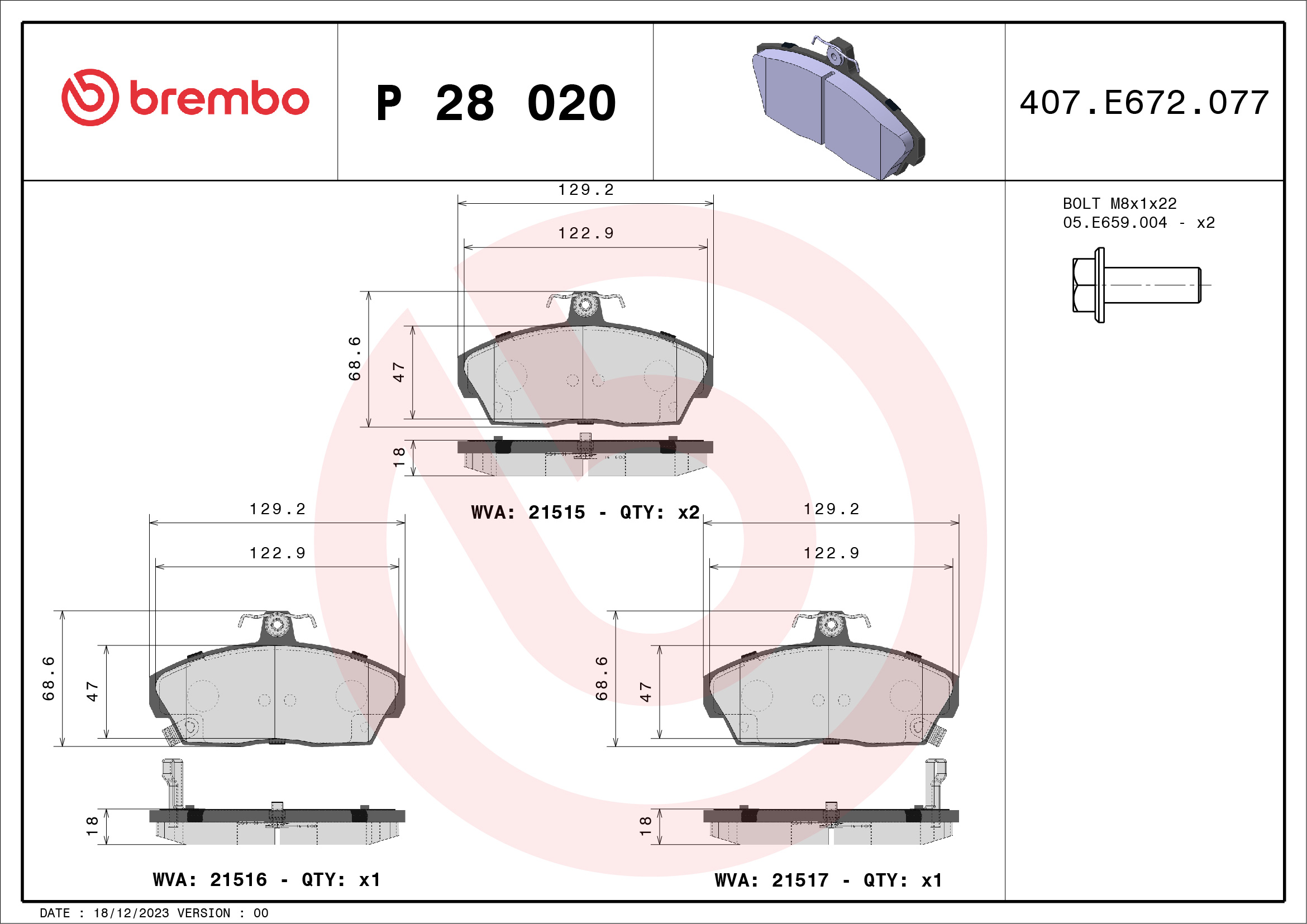 Kit pastiglie freno, Freno a disco - P 28 020 BREMBO