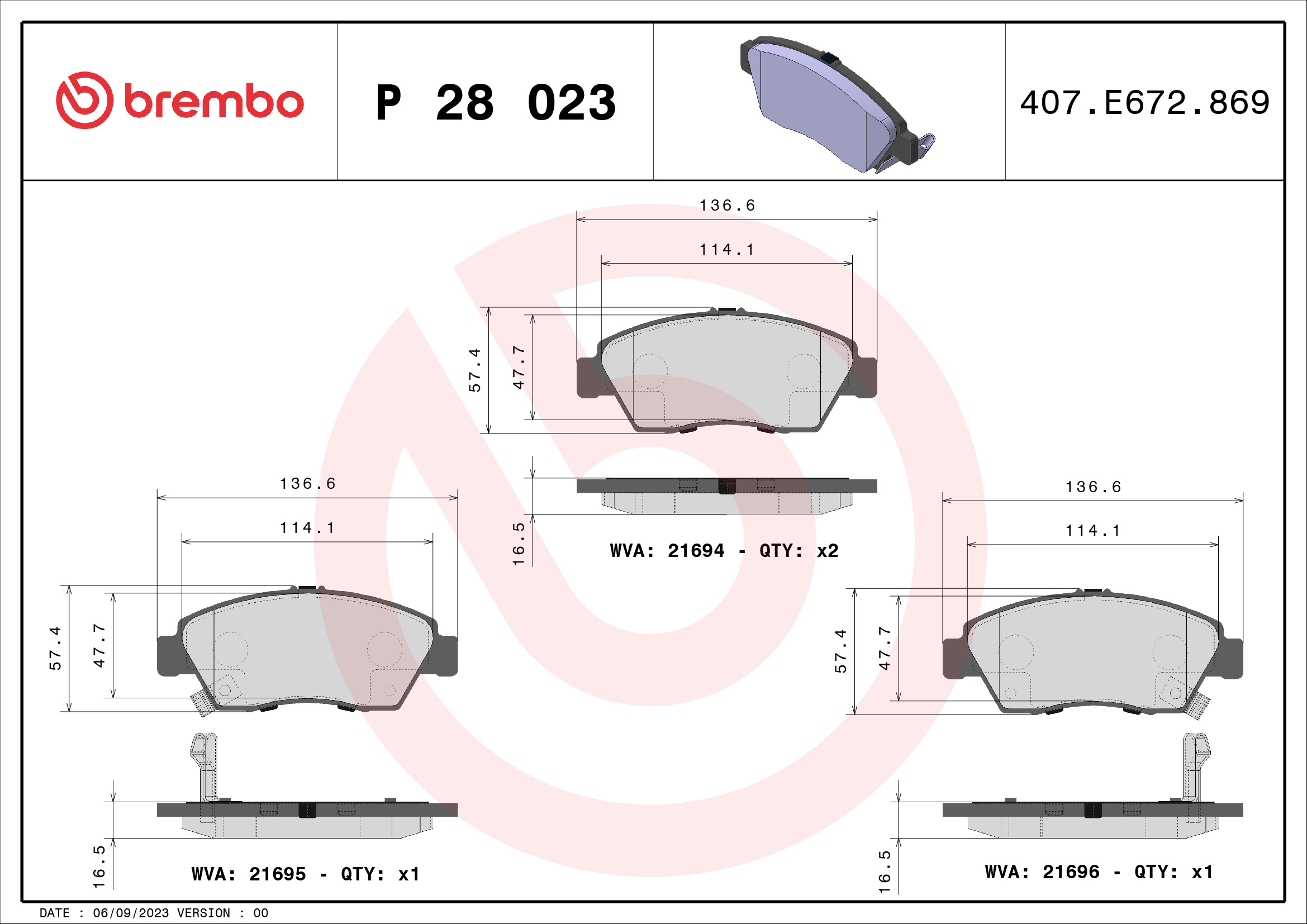 Brake Pad Set, disc brake - P 28 023 BREMBO