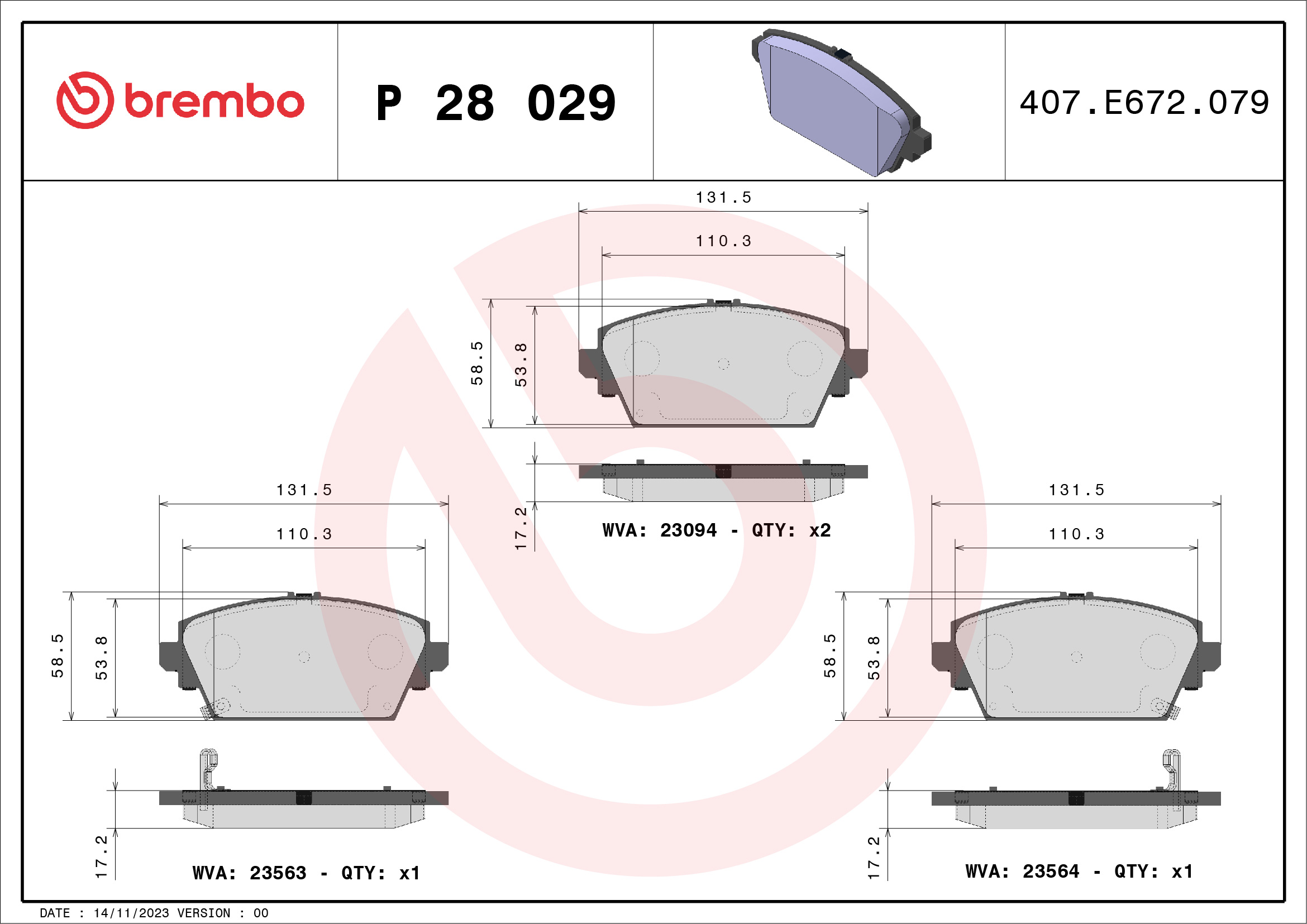 Brake Pad Set, disc brake - P 28 029 BREMBO