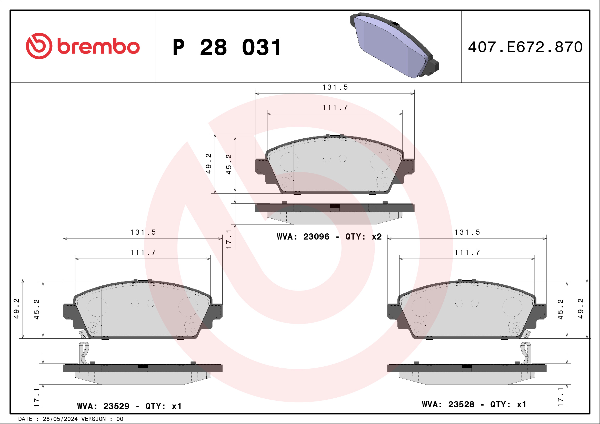 stabdžių trinkelių rinkinys, diskinis stabdys - P 28 031 BREMBO