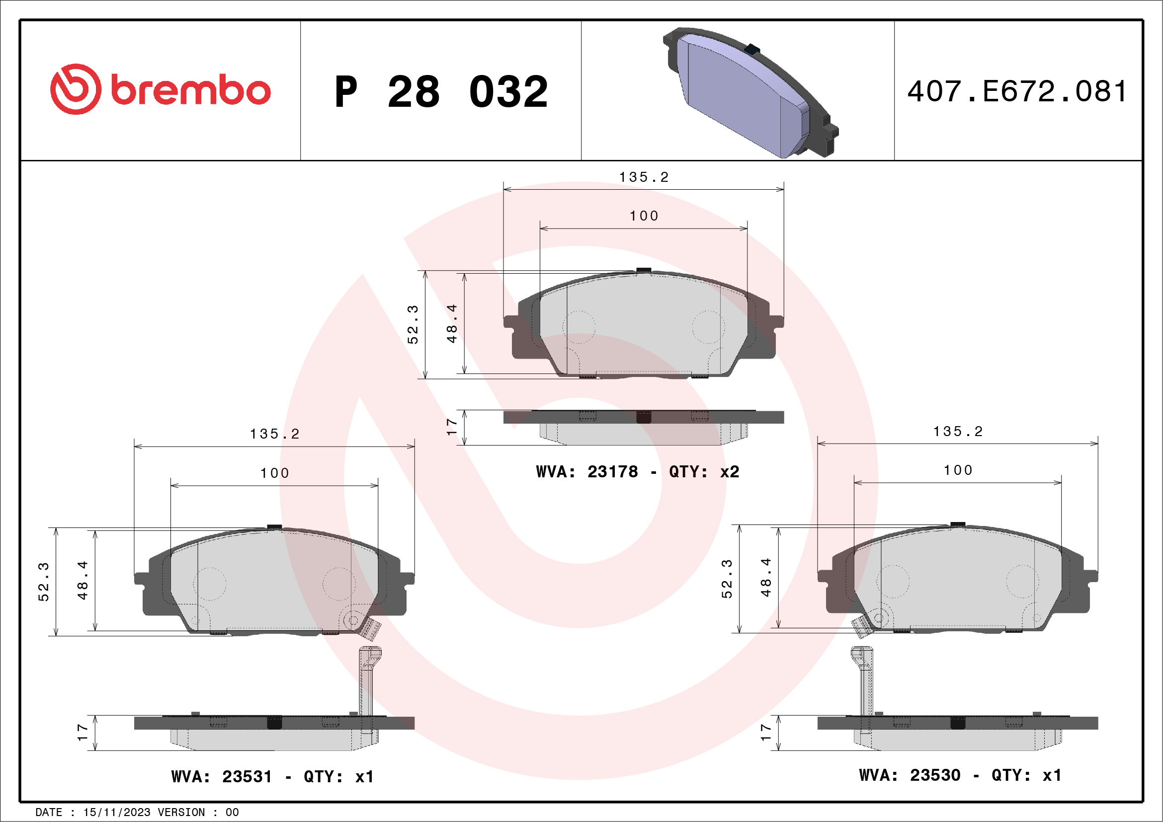 Комплект тормозных колодок, дисковый тормоз - P 28 032 BREMBO