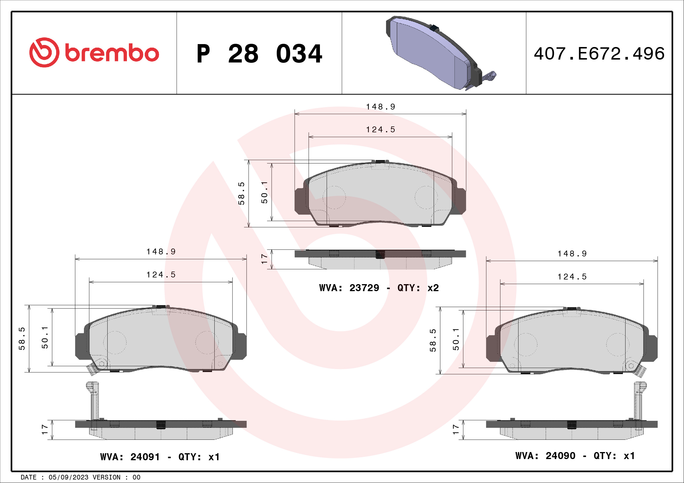 Brake Pad Set, disc brake - P 28 034 BREMBO