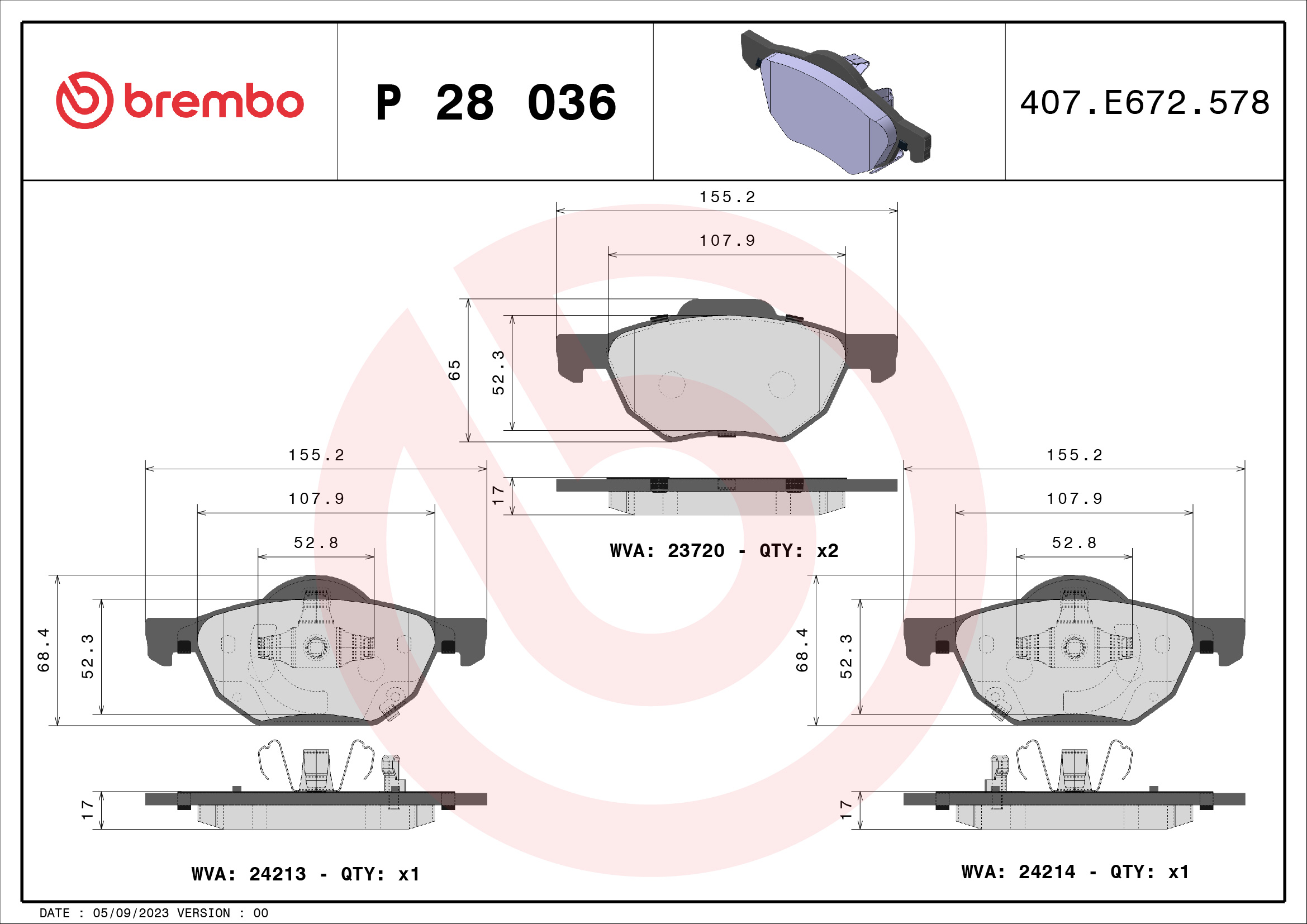stabdžių trinkelių rinkinys, diskinis stabdys - P 28 036 BREMBO