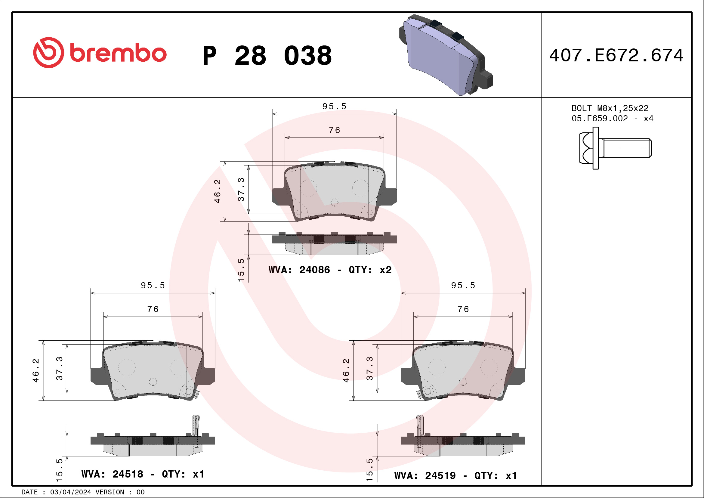 Kit pastiglie freno, Freno a disco - P 28 038 BREMBO