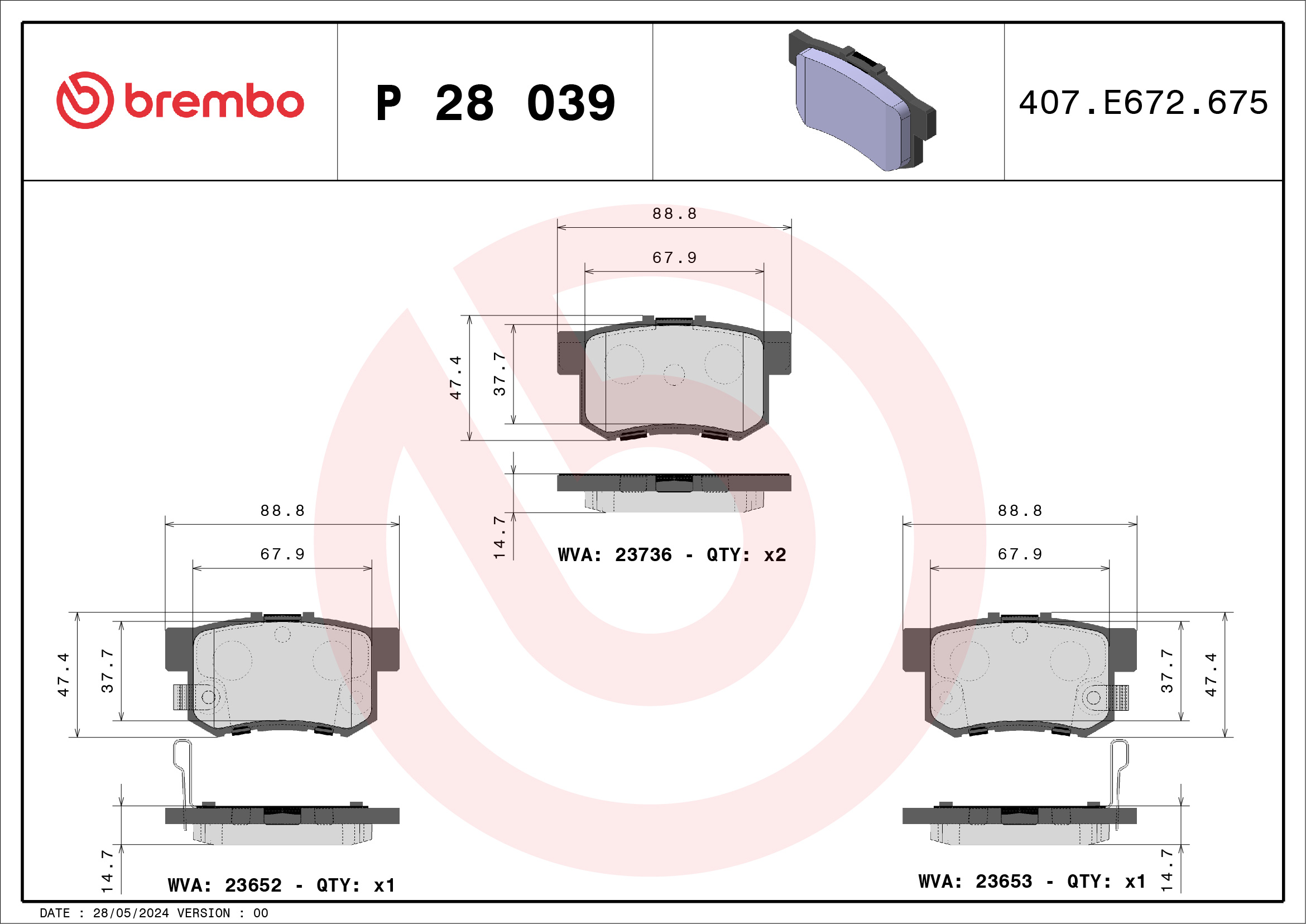 Комплект тормозных колодок, дисковый тормоз - P 28 039 BREMBO