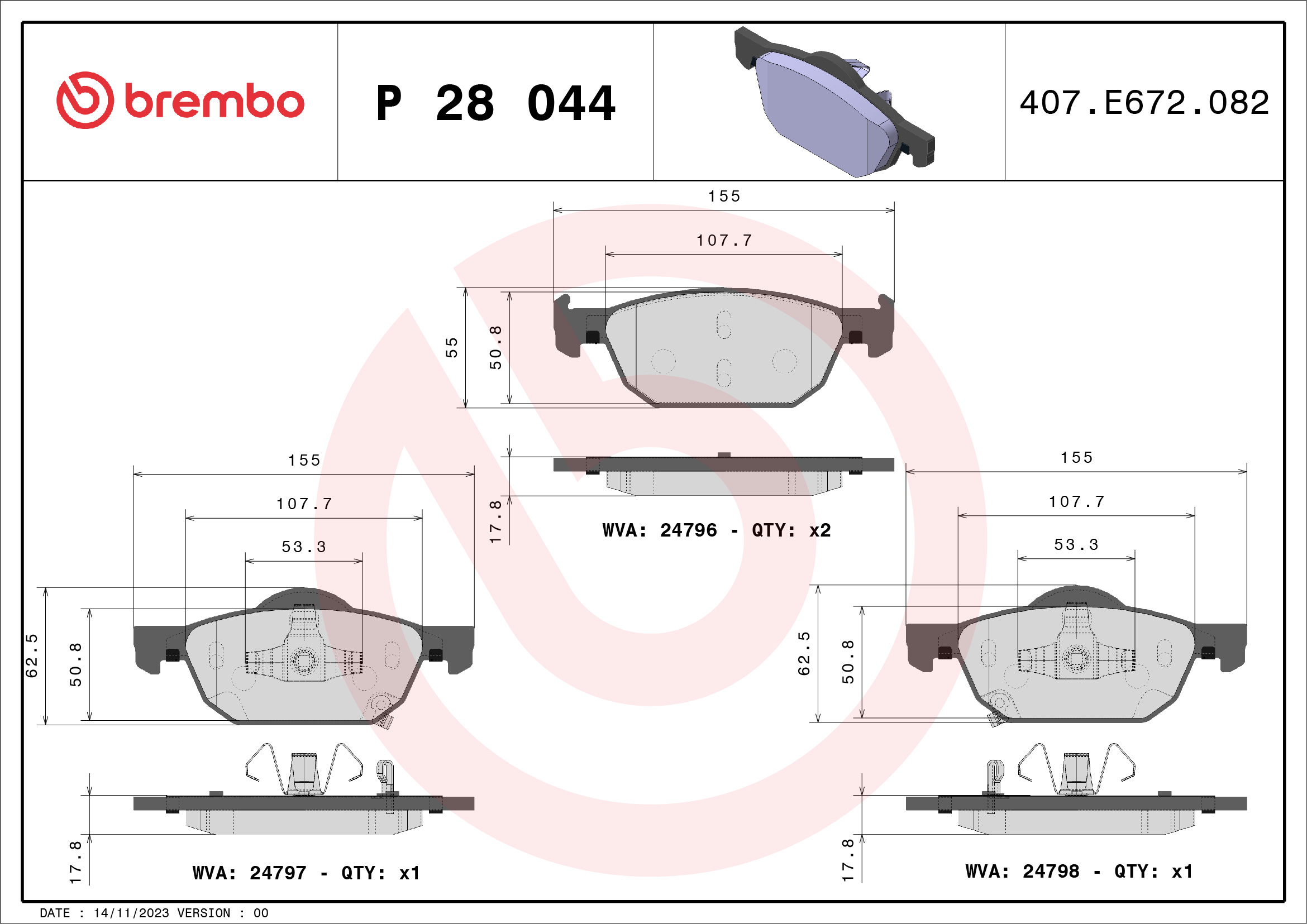 stabdžių trinkelių rinkinys, diskinis stabdys - P 28 044 BREMBO