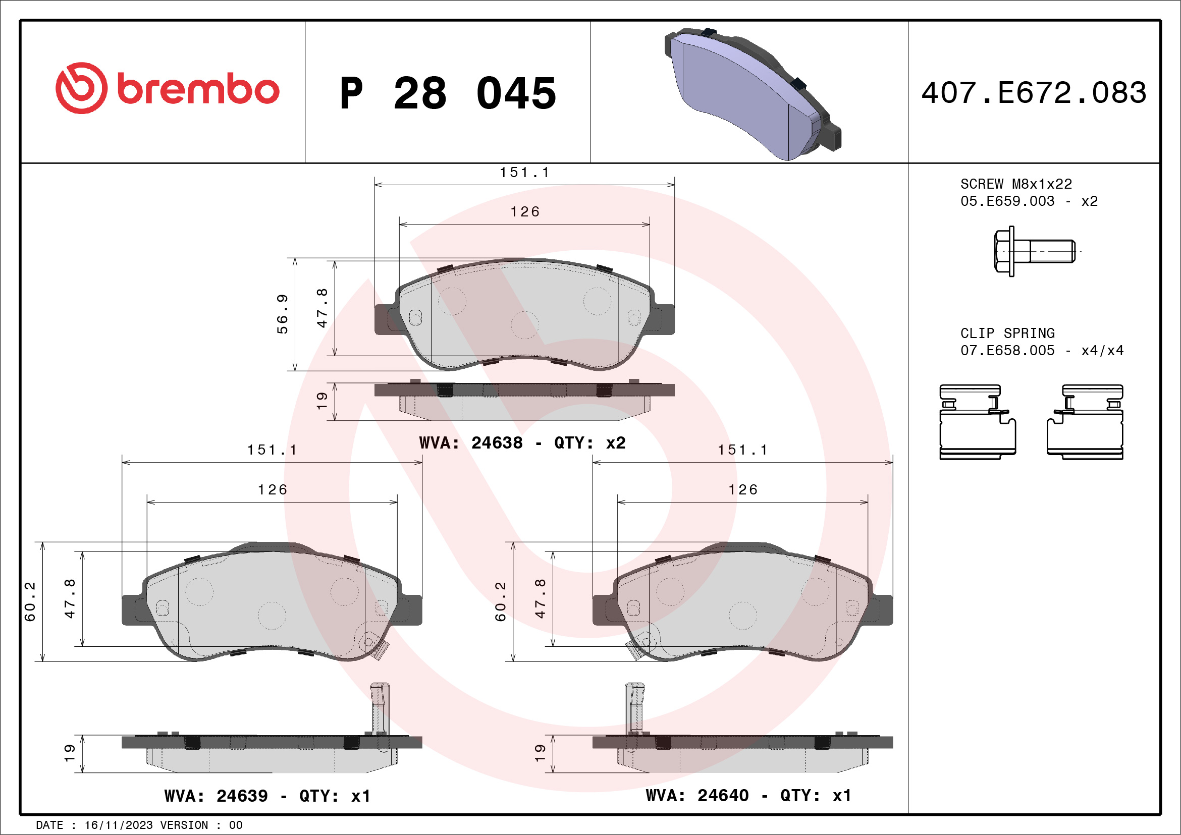 Kit pastiglie freno, Freno a disco - P 28 045 BREMBO