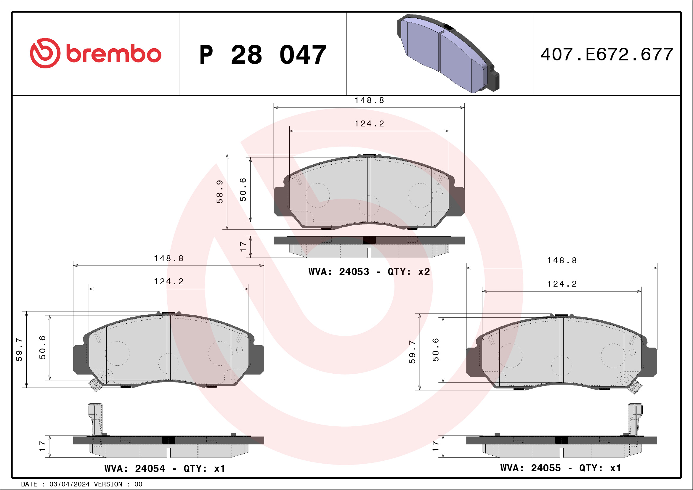 Комплект тормозных колодок, дисковый тормоз - P 28 047 BREMBO