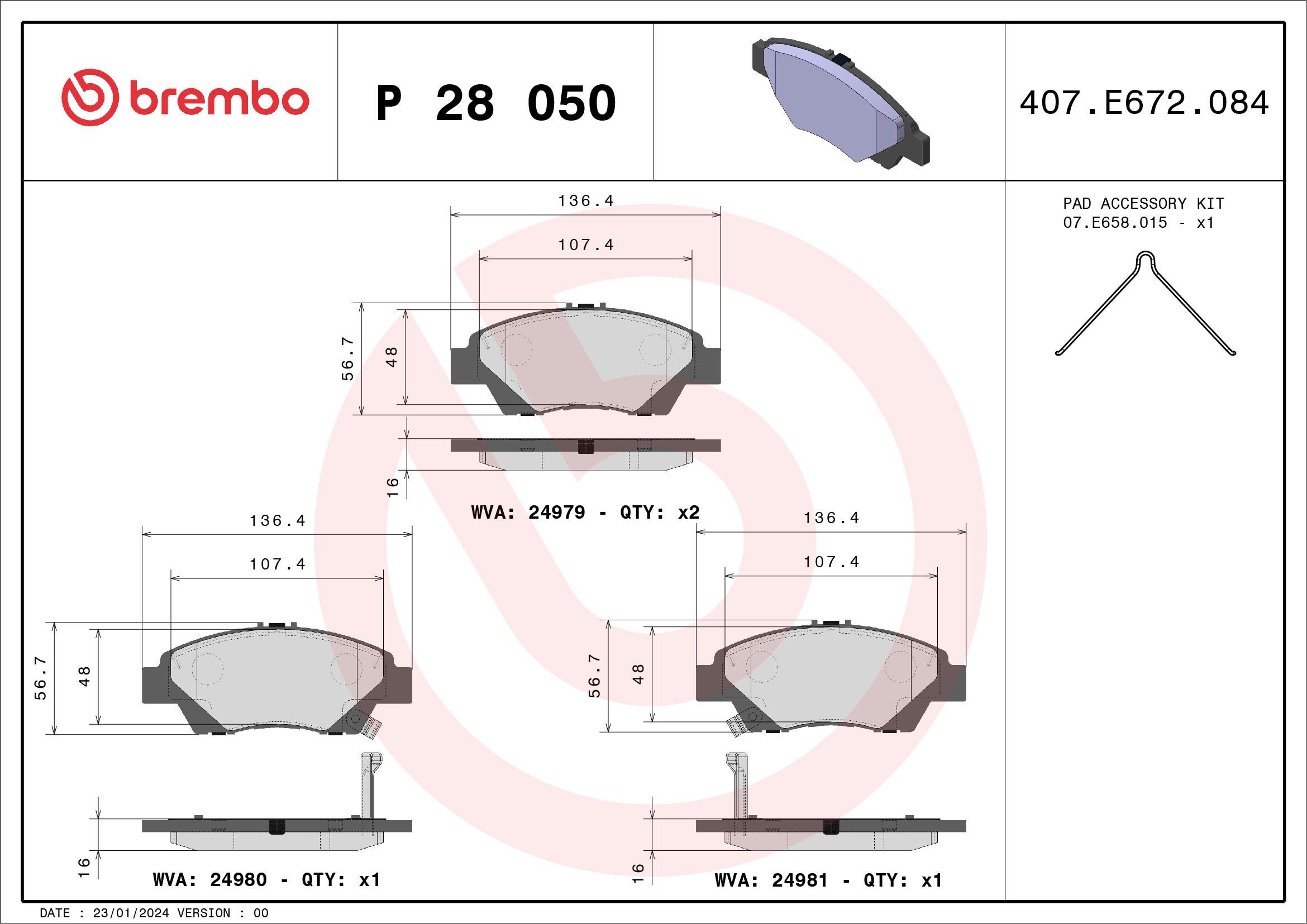 Комплект тормозных колодок, дисковый тормоз - P 28 050 BREMBO