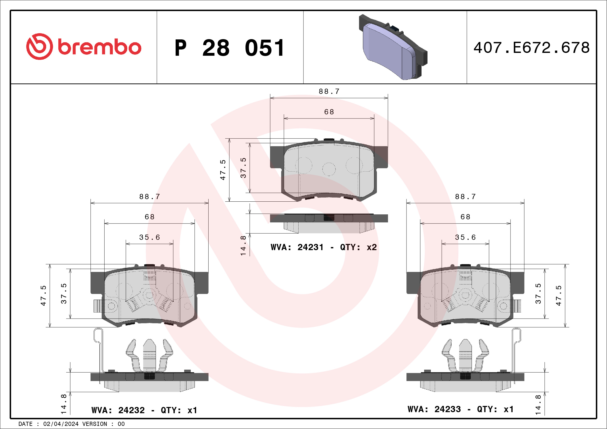 Brake Pad Set, disc brake - P 28 051 BREMBO