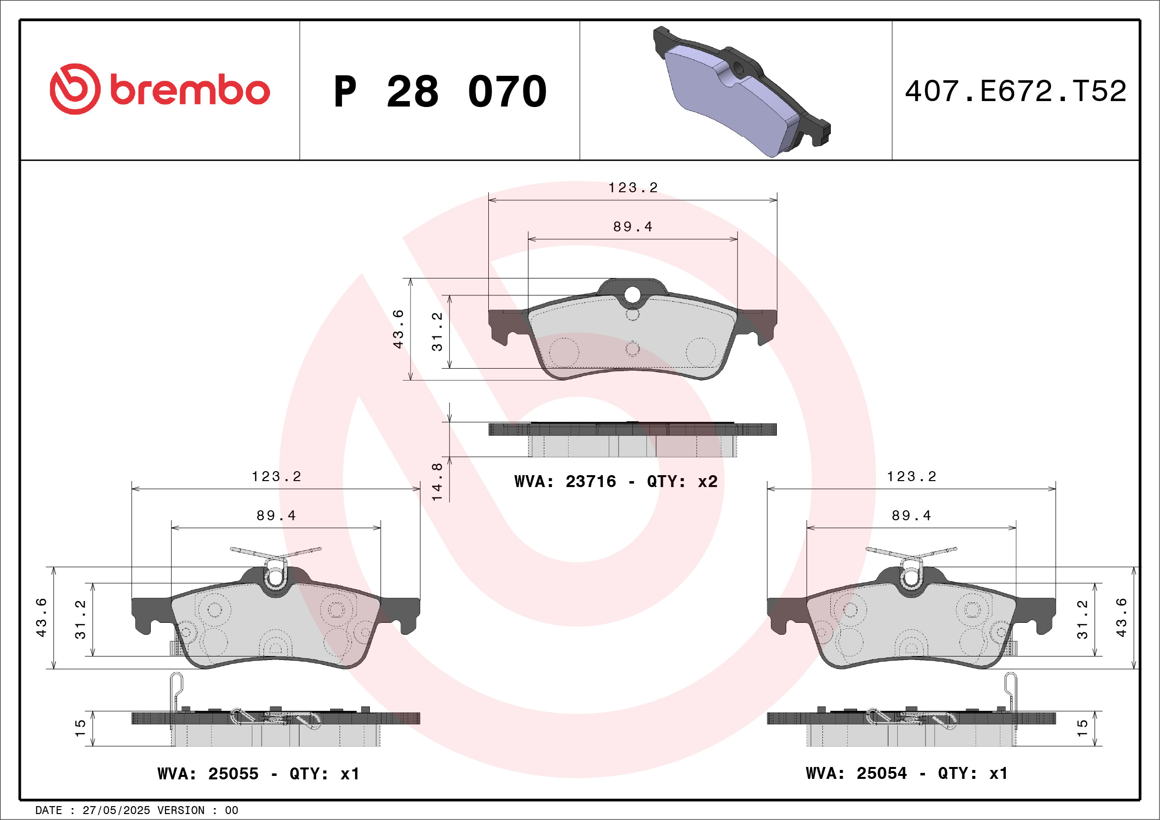 Комплект тормозных колодок, дисковый тормоз - P 28 070 BREMBO