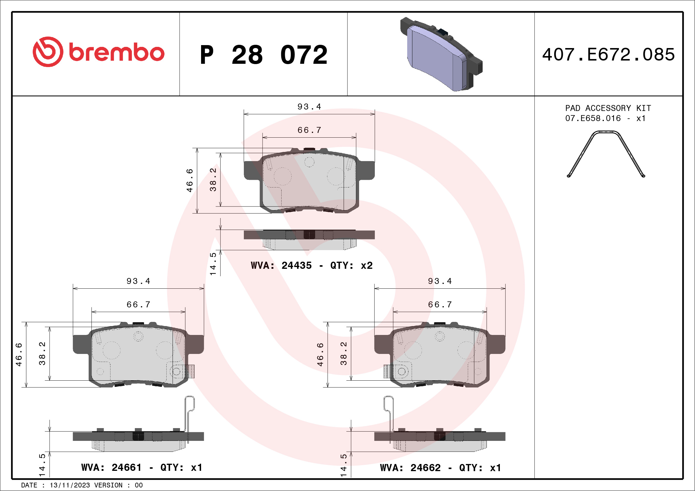 Kit pastiglie freno, Freno a disco - P 28 072 BREMBO