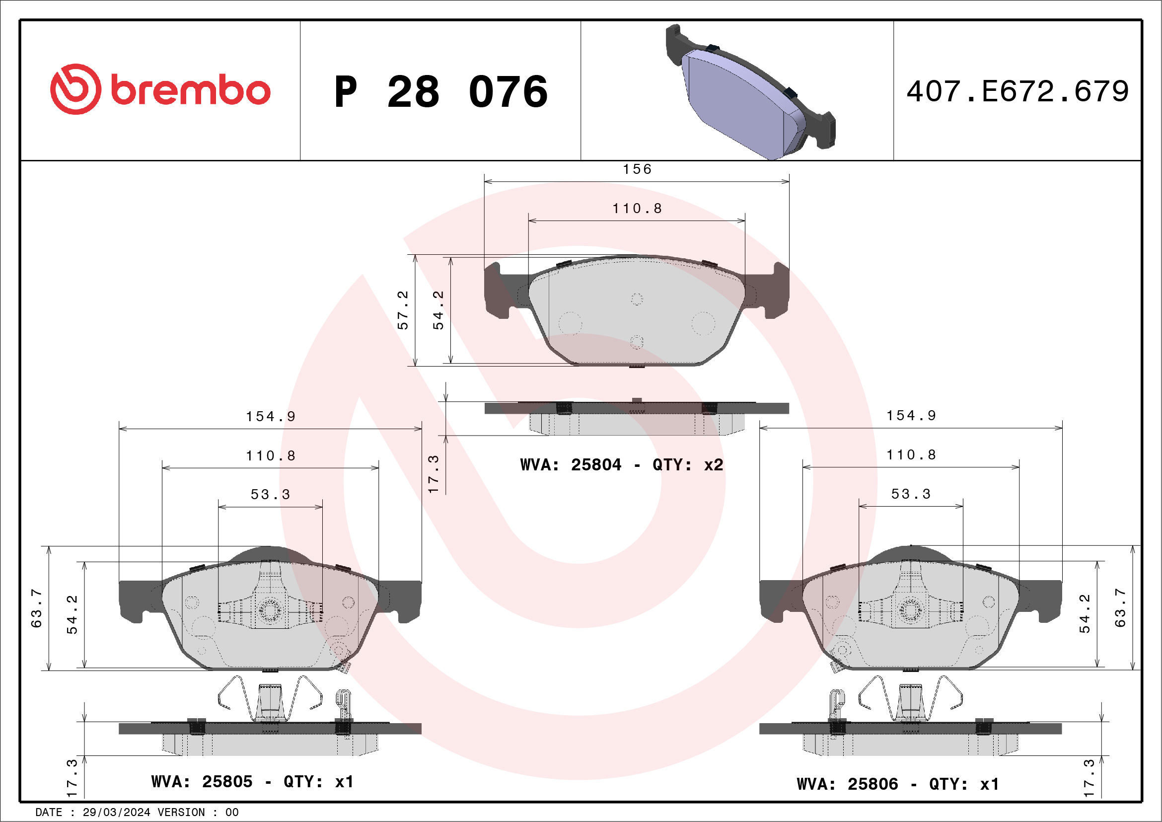 Brake Pad Set, disc brake - P 28 076 BREMBO