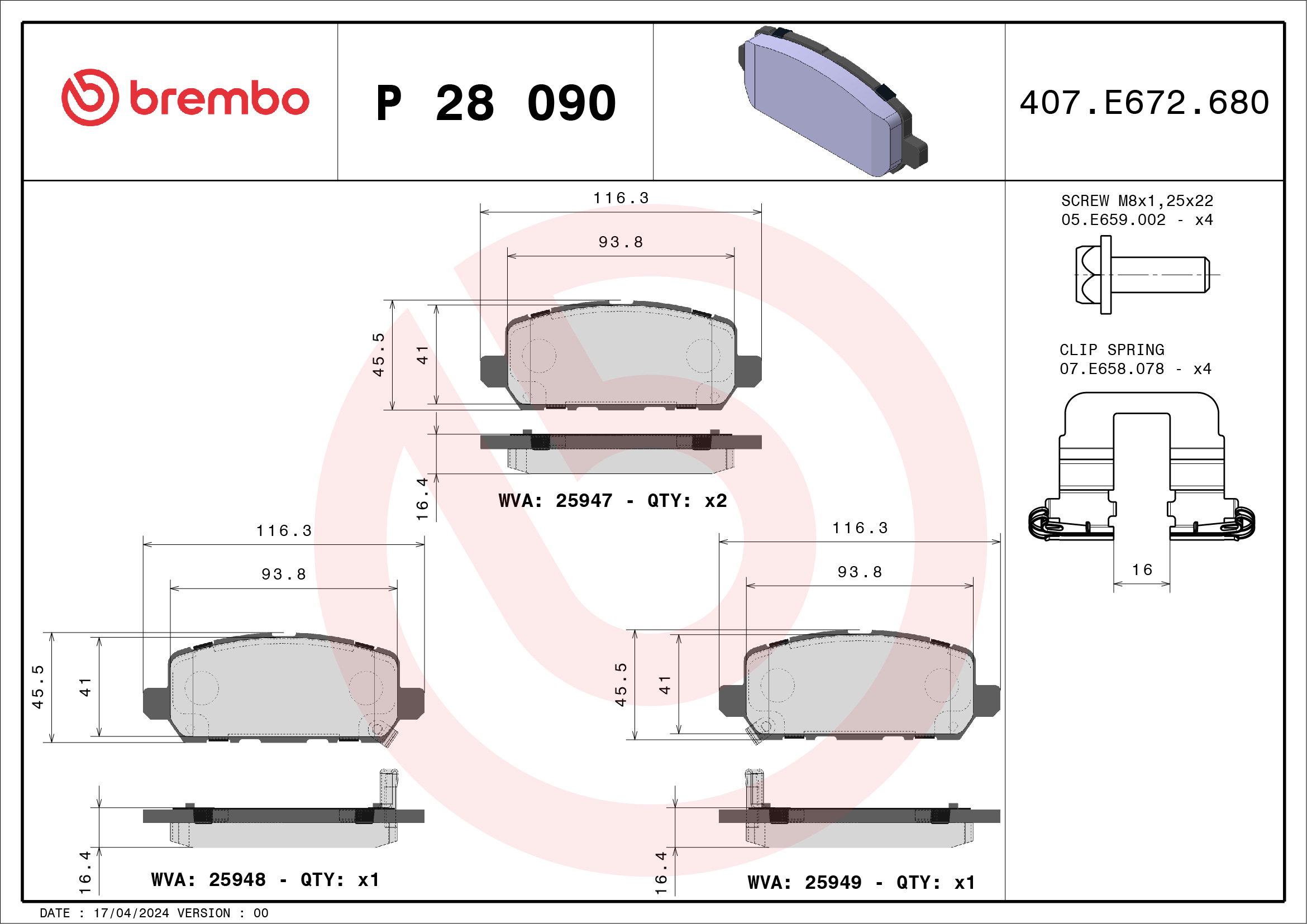 Комплект тормозных колодок, дисковый тормоз - P 28 090 BREMBO