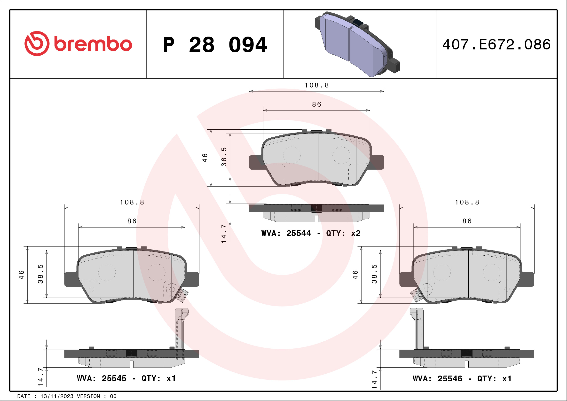 Kit pastiglie freno, Freno a disco - P 28 094 BREMBO