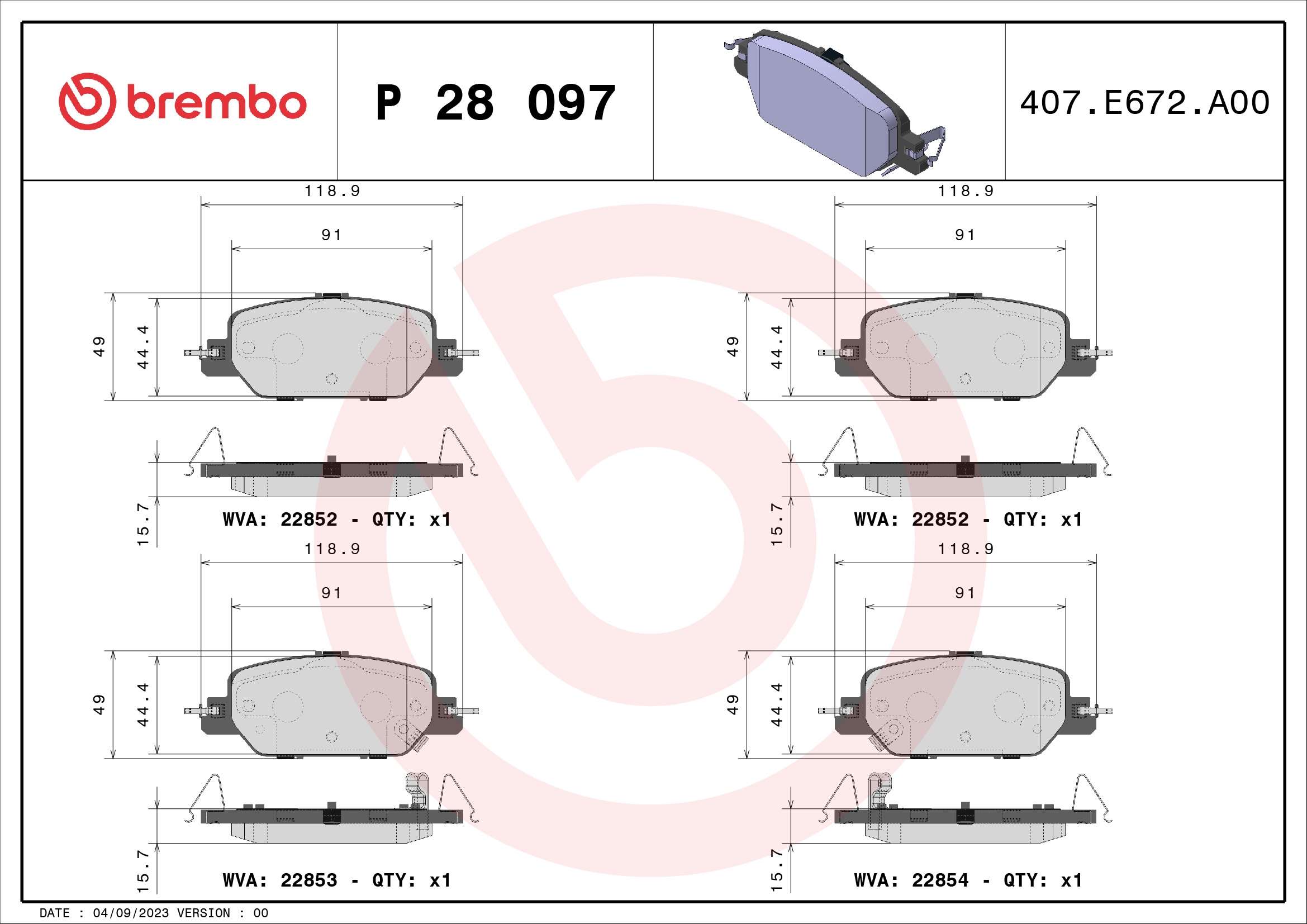 Brake Pad Set, disc brake - P 28 097 BREMBO