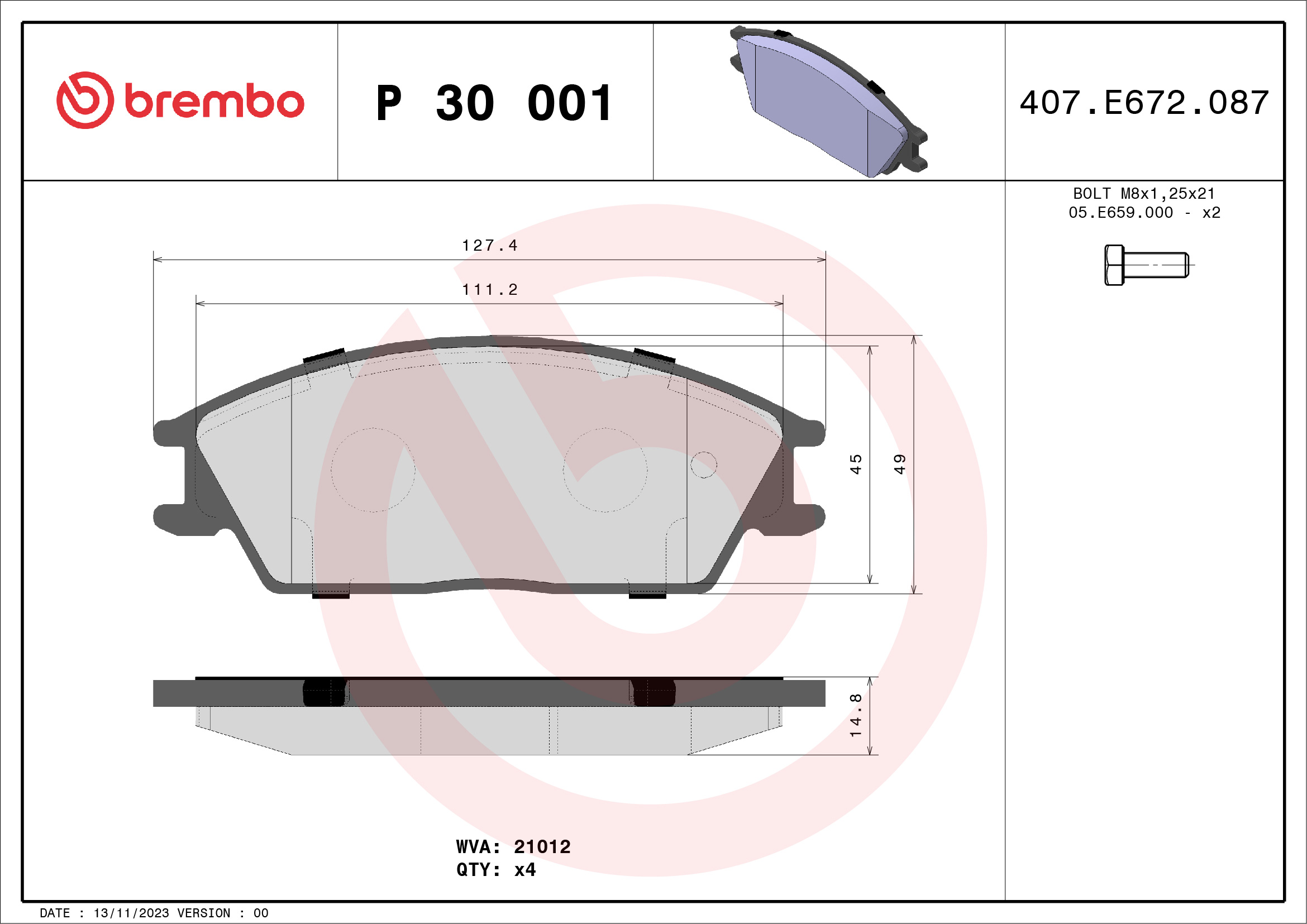 Комплект тормозных колодок, дисковый тормоз - P 30 001 BREMBO