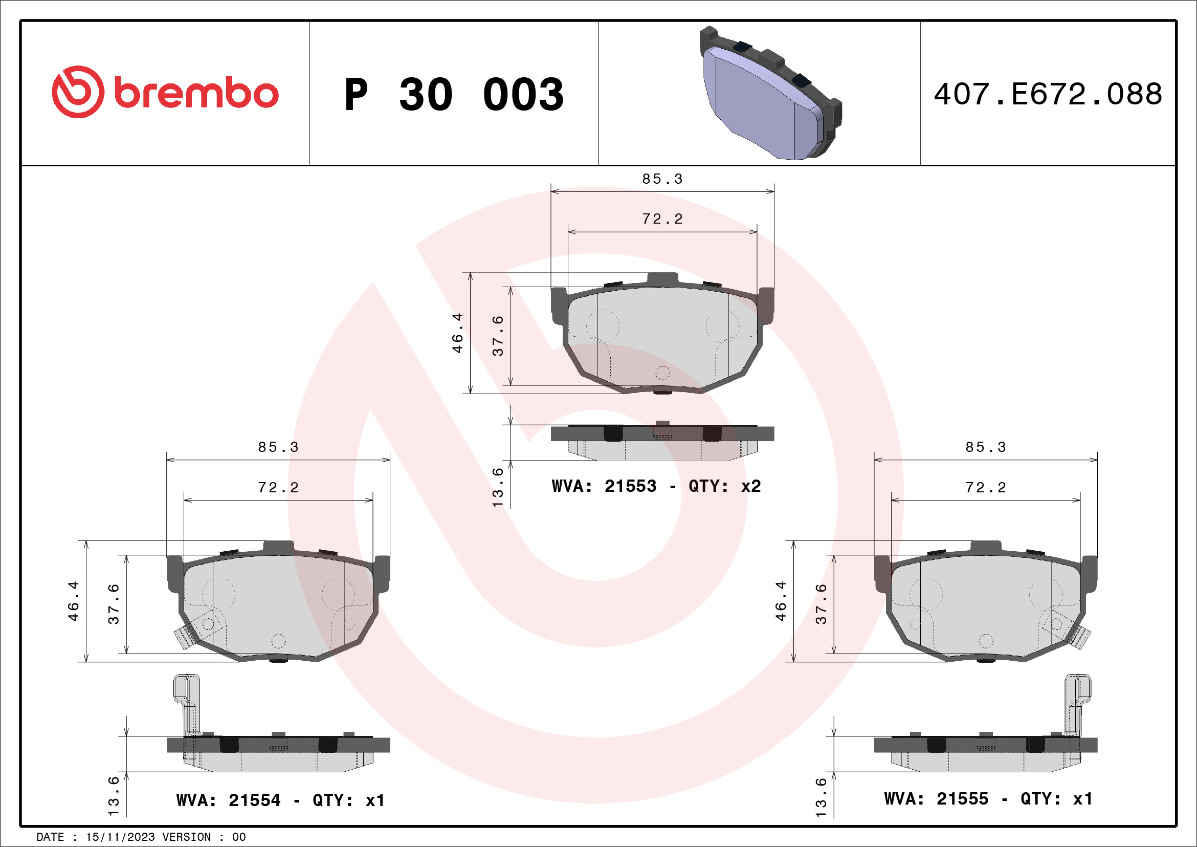 Kit pastiglie freno, Freno a disco - P 30 003 BREMBO