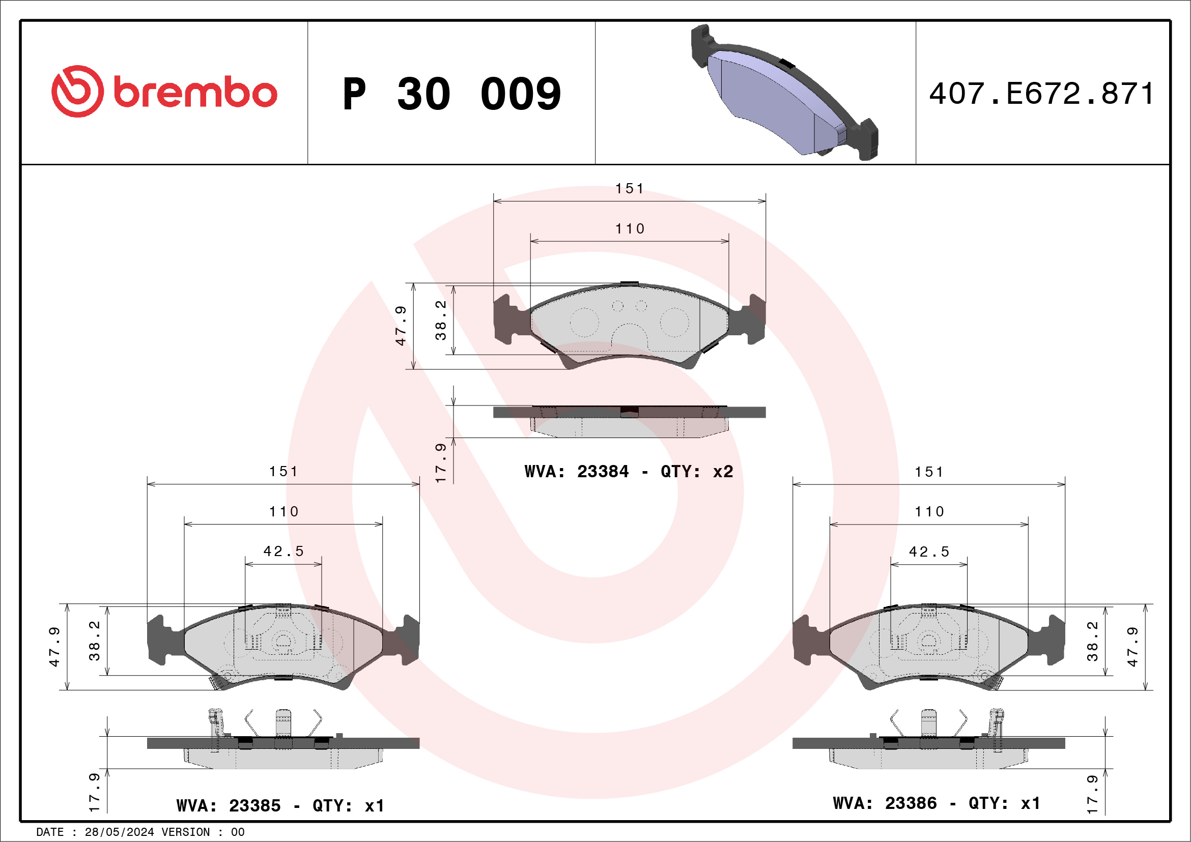 Brake Pad Set, disc brake - P 30 009 BREMBO