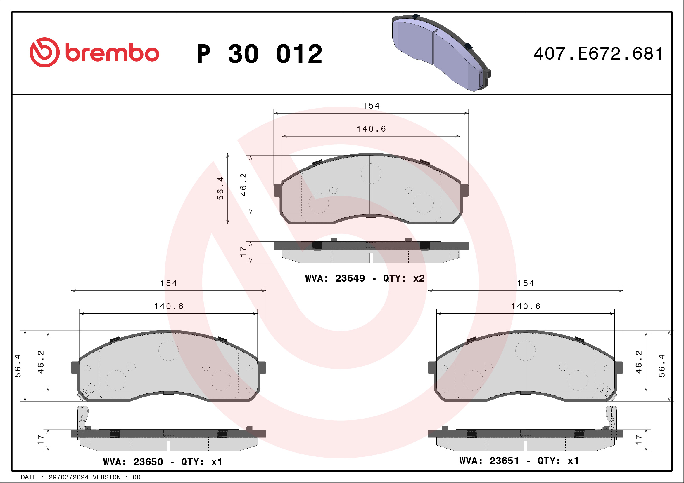 Brake Pad Set, disc brake - P 30 012 BREMBO