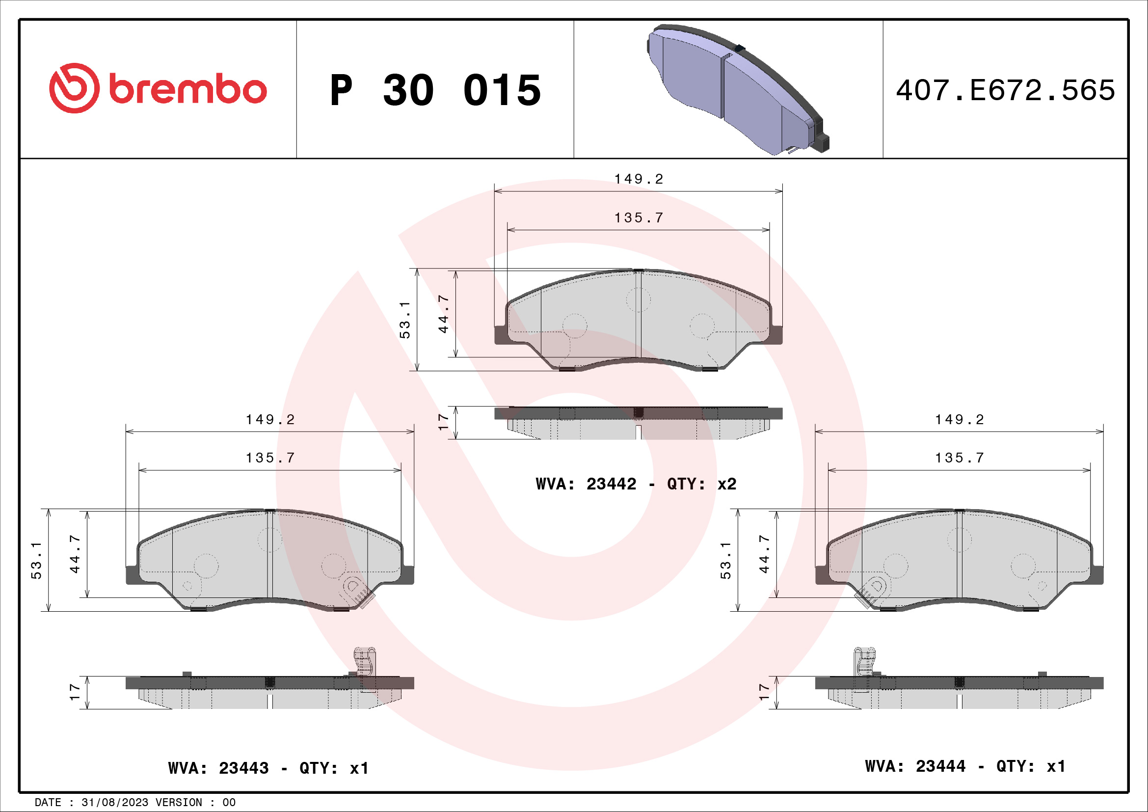 Brake Pad Set, disc brake - P 30 015 BREMBO