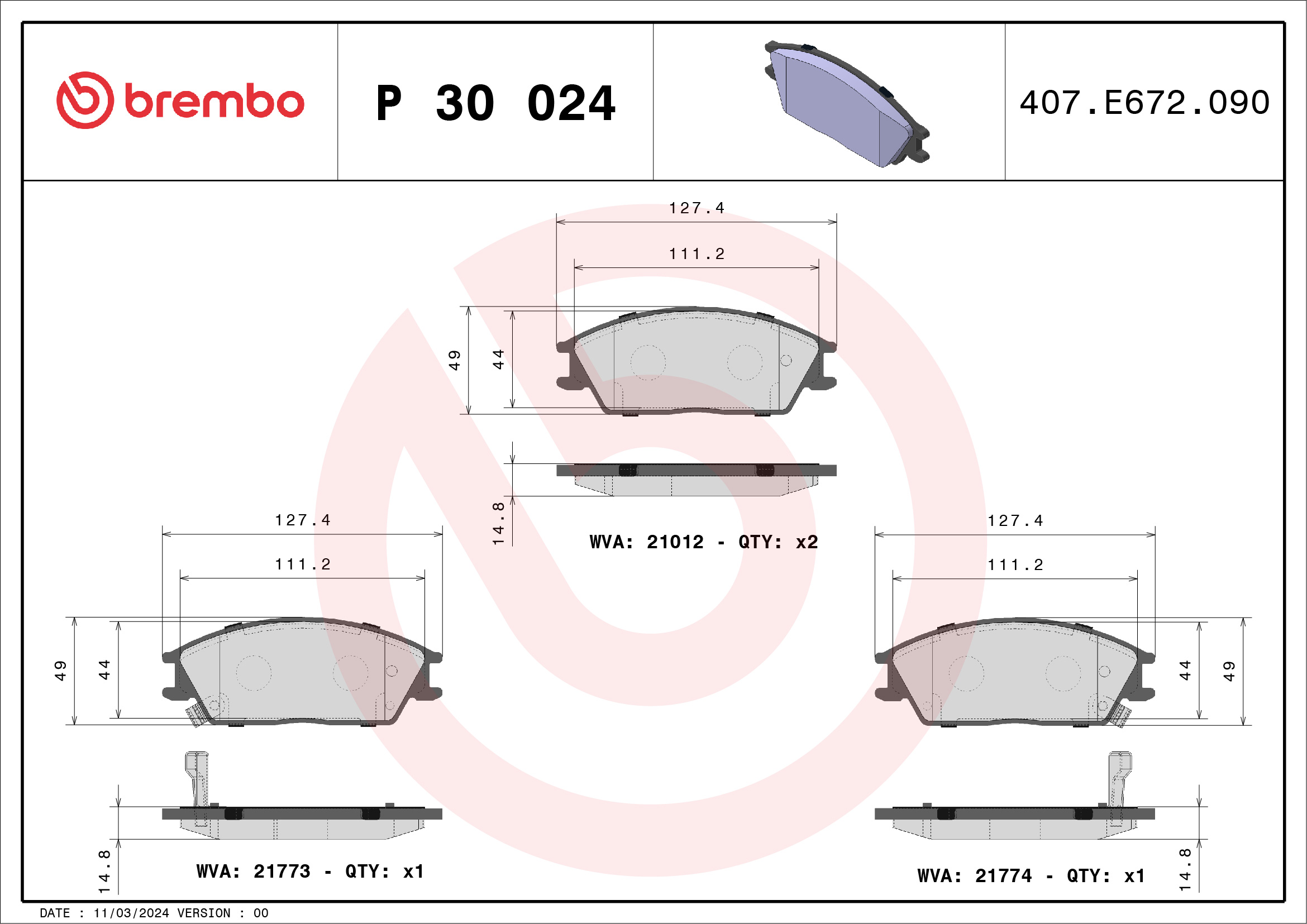Kit pastiglie freno, Freno a disco - P 30 024 BREMBO