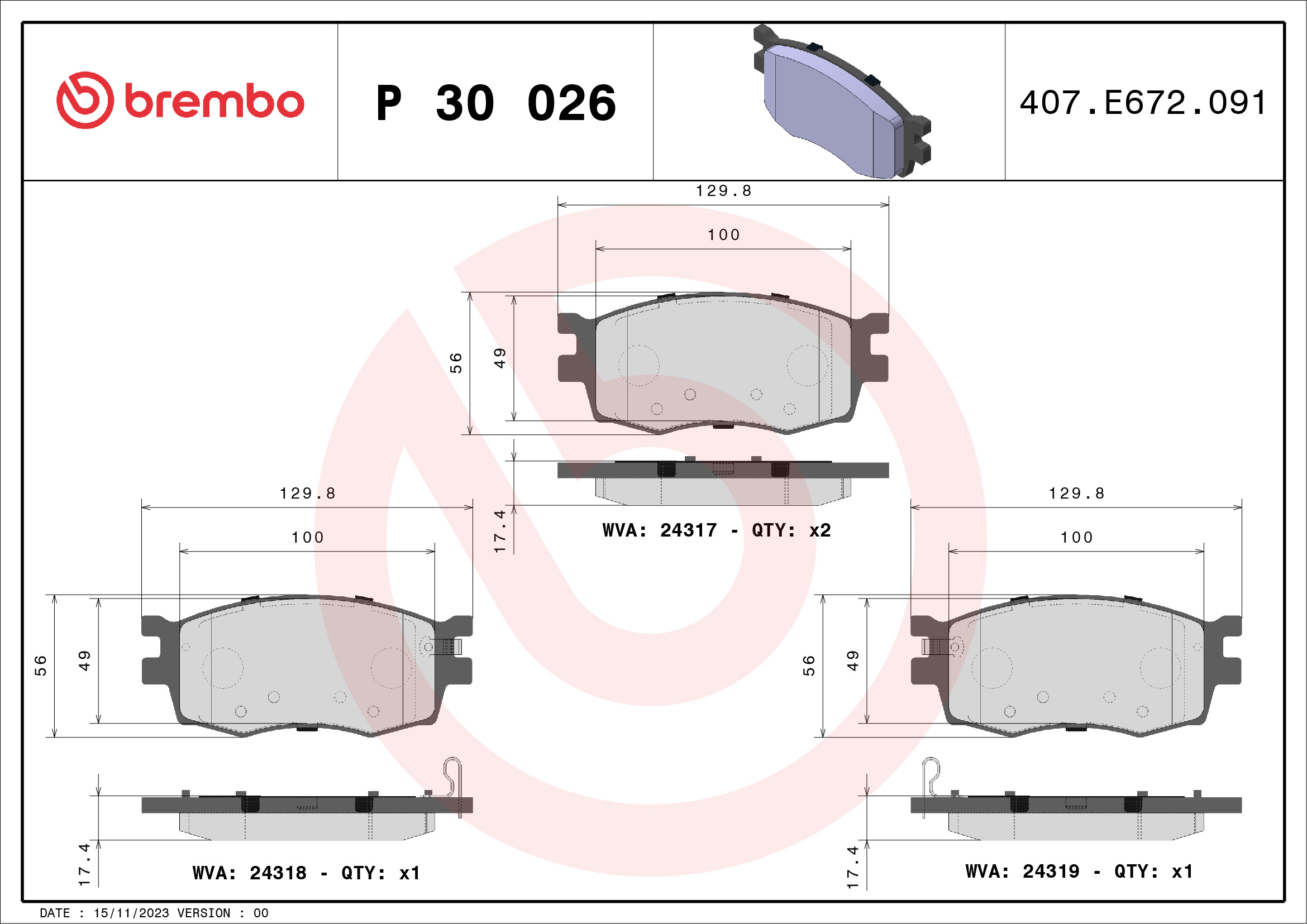 Brake Pad Set, disc brake - P 30 026 BREMBO