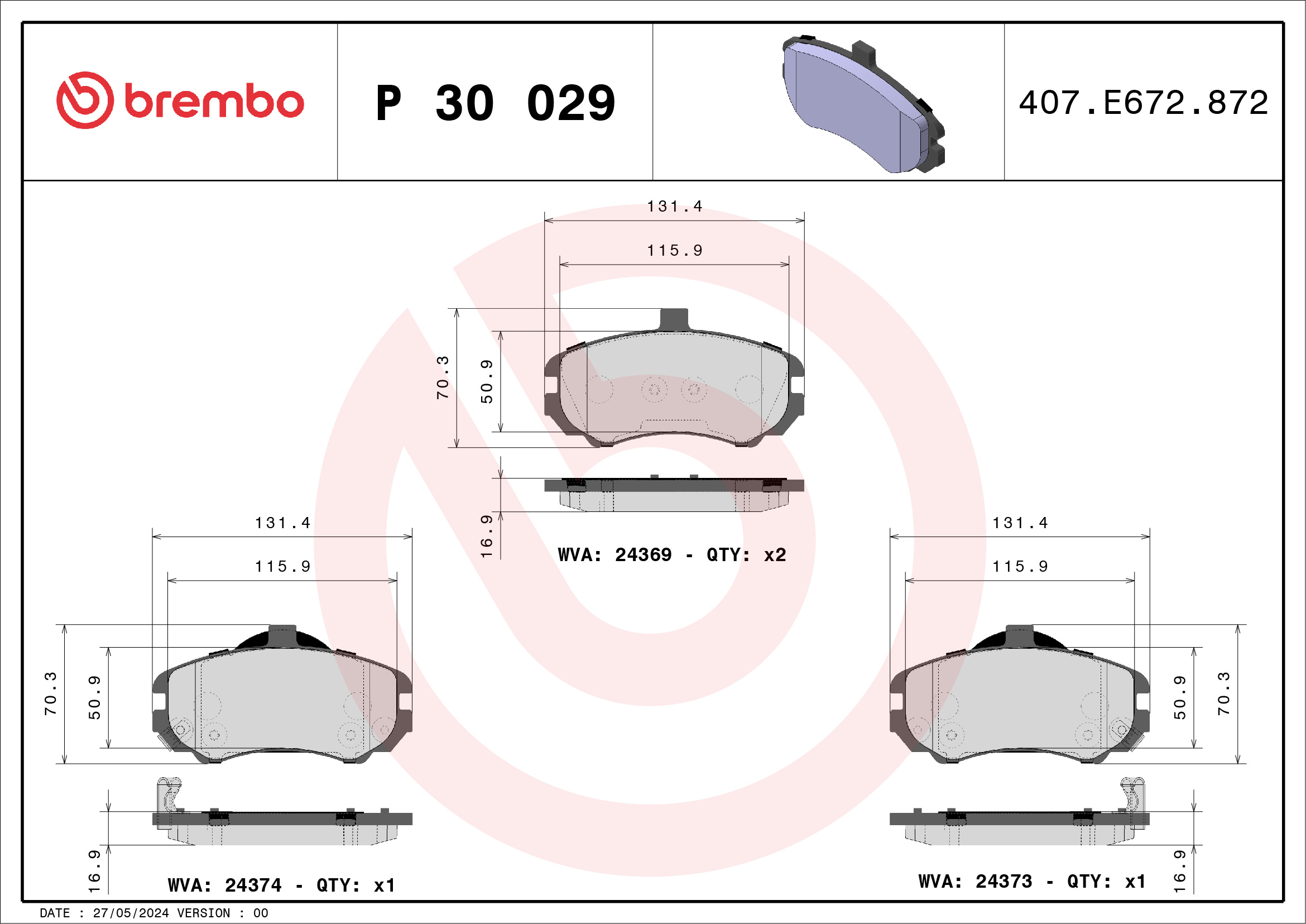 Brake Pad Set, disc brake - P 30 029 BREMBO
