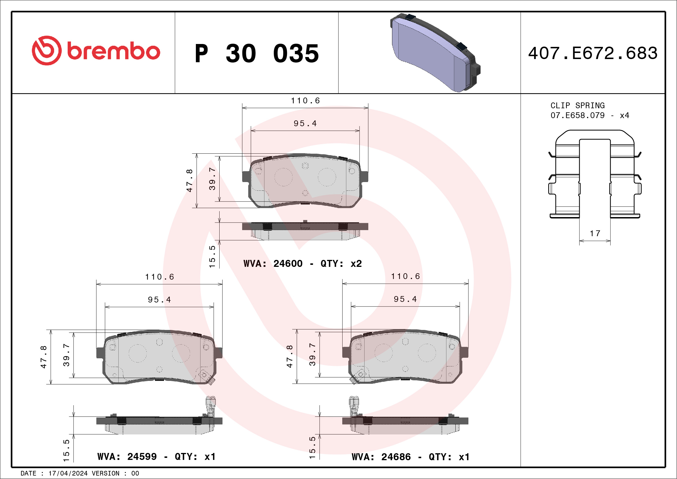 Комплект тормозных колодок, дисковый тормоз - P 30 035 BREMBO