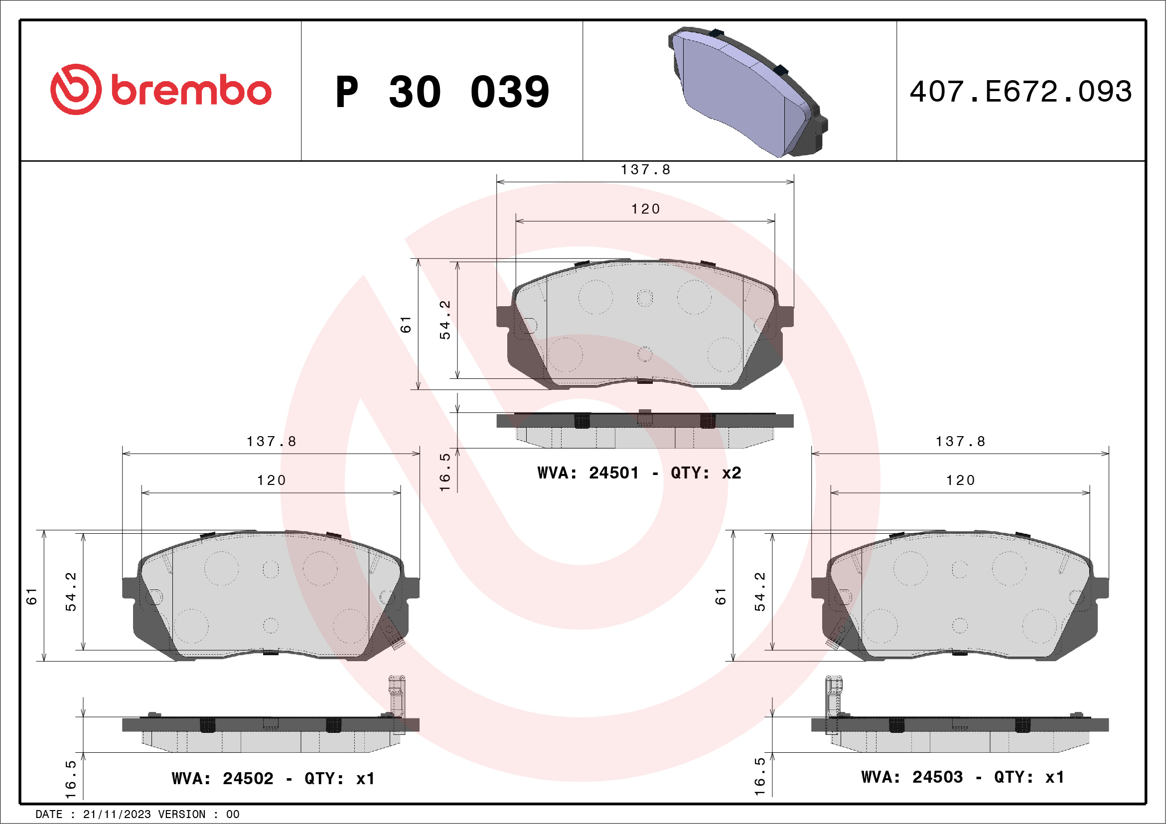 Brake Pad Set, disc brake - P 30 039 BREMBO