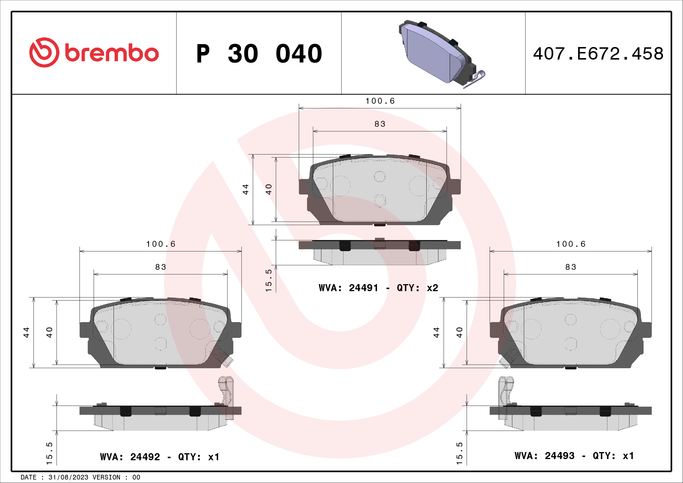 Brake Pad Set, disc brake - P 30 040 BREMBO