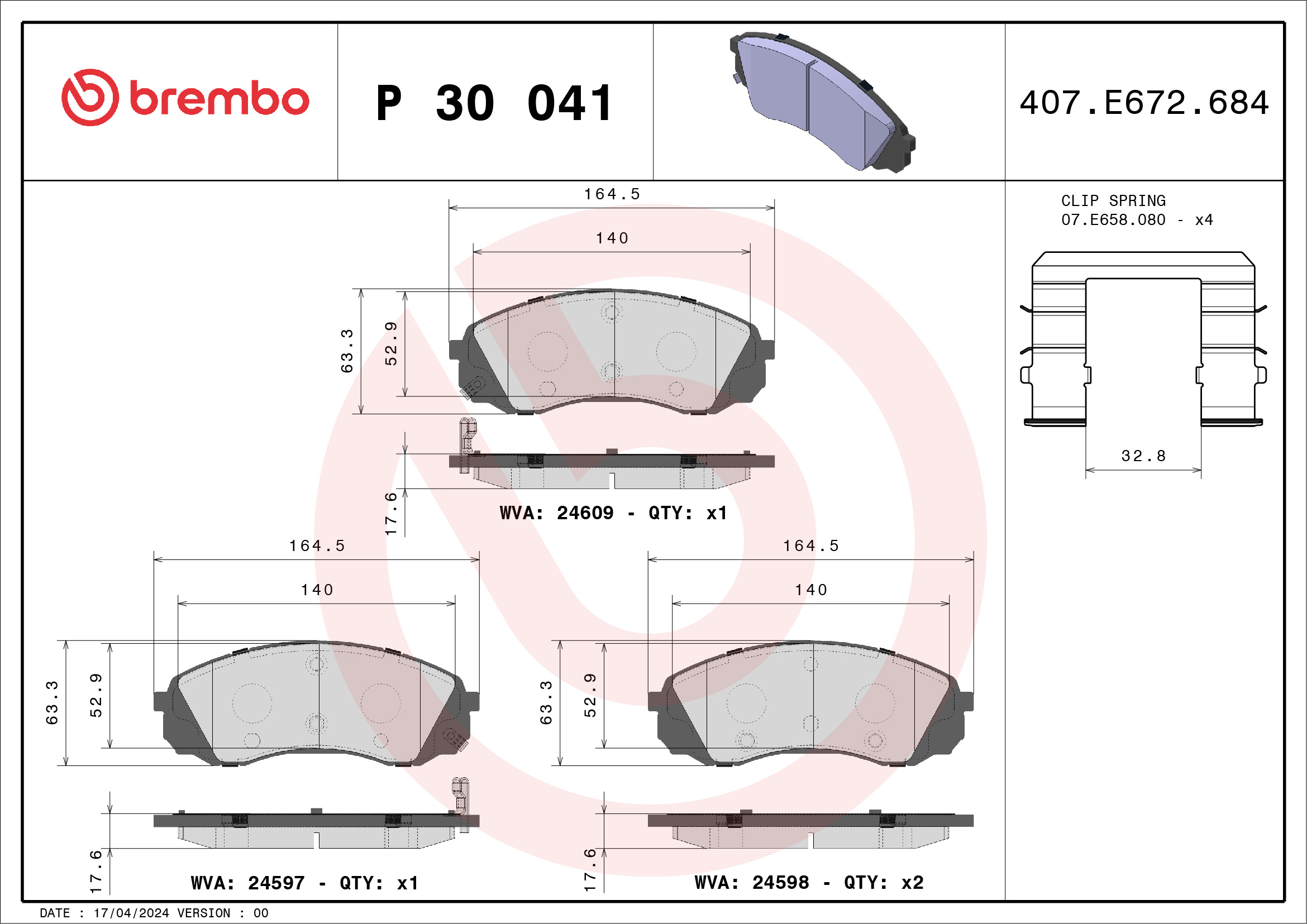 Kit pastiglie freno, Freno a disco - P 30 041 BREMBO