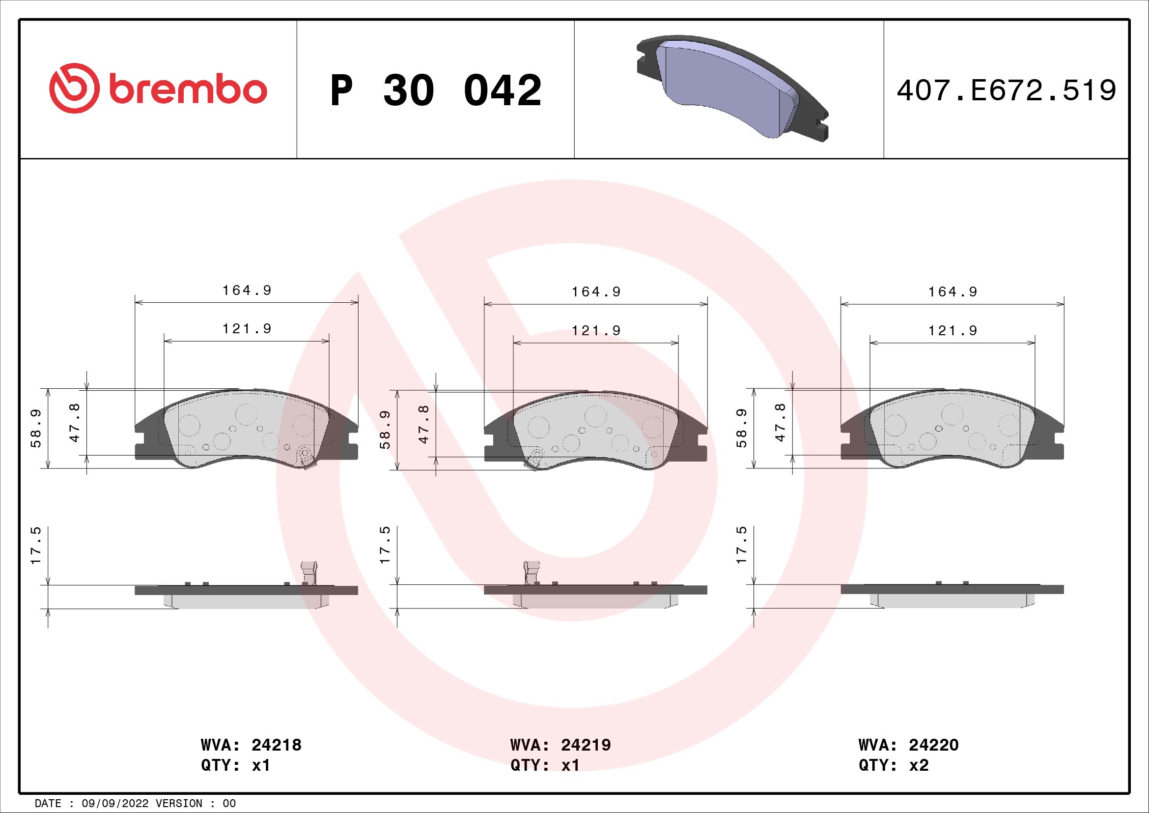 stabdžių trinkelių rinkinys, diskinis stabdys - P 30 042 BREMBO