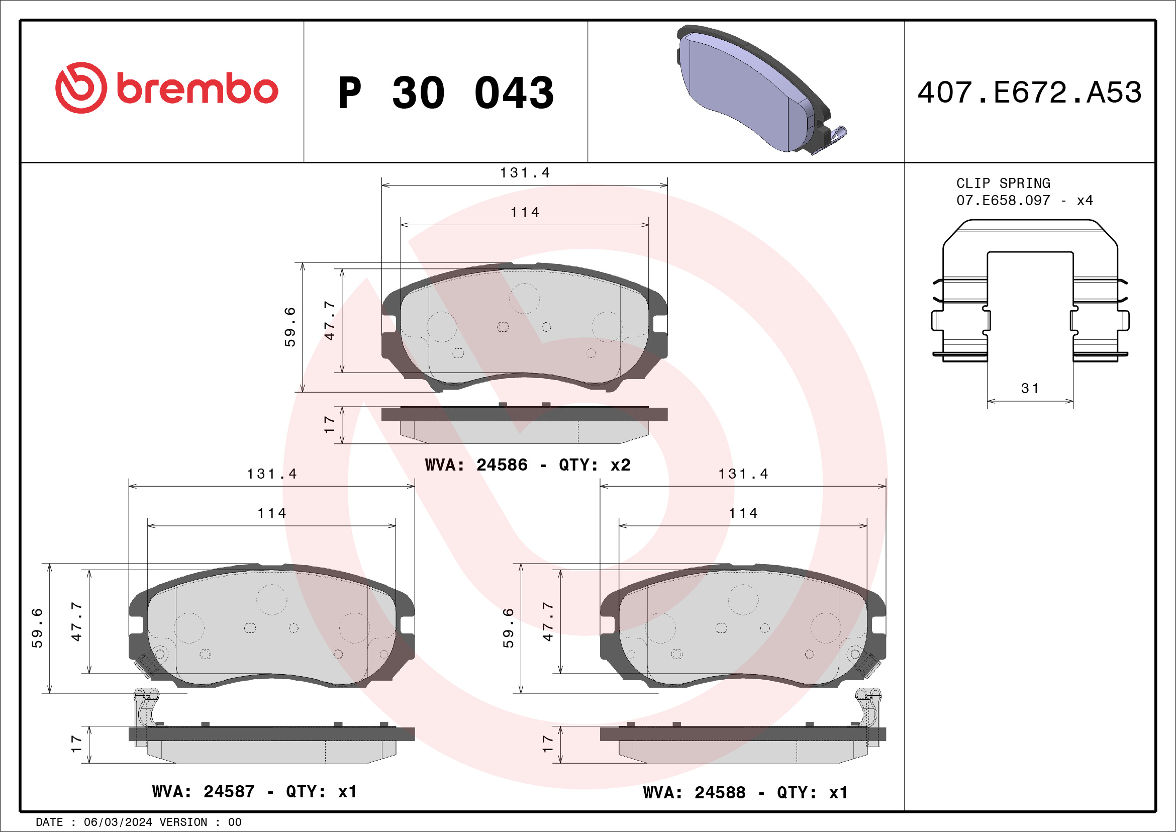 Kit pastiglie freno, Freno a disco - P 30 043 BREMBO