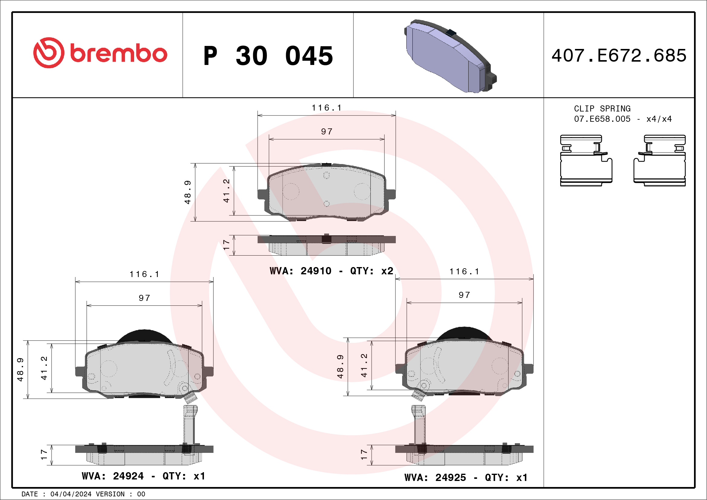 Brake Pad Set, disc brake - P 30 045 BREMBO