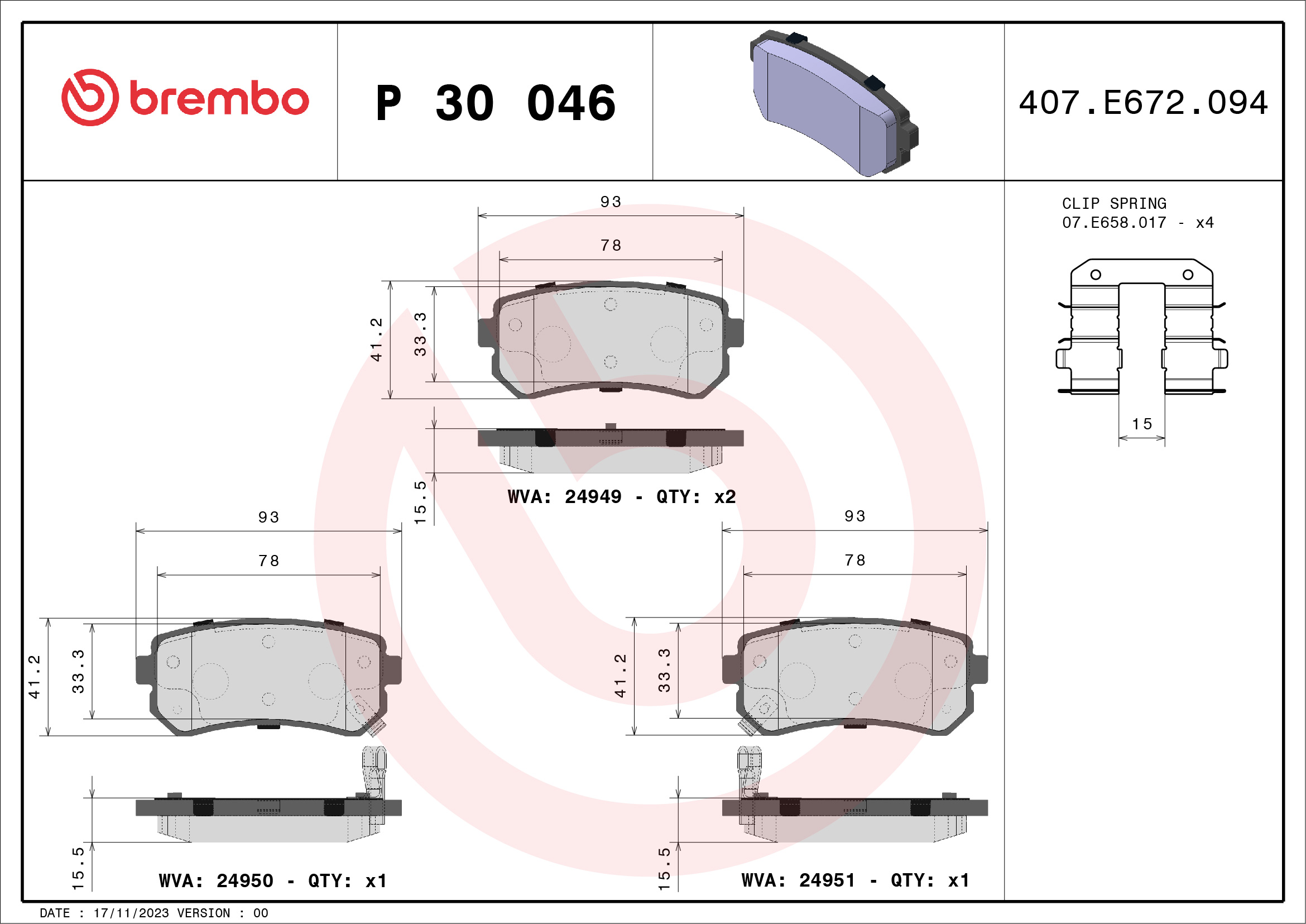 Brake Pad Set, disc brake - P 30 046 BREMBO