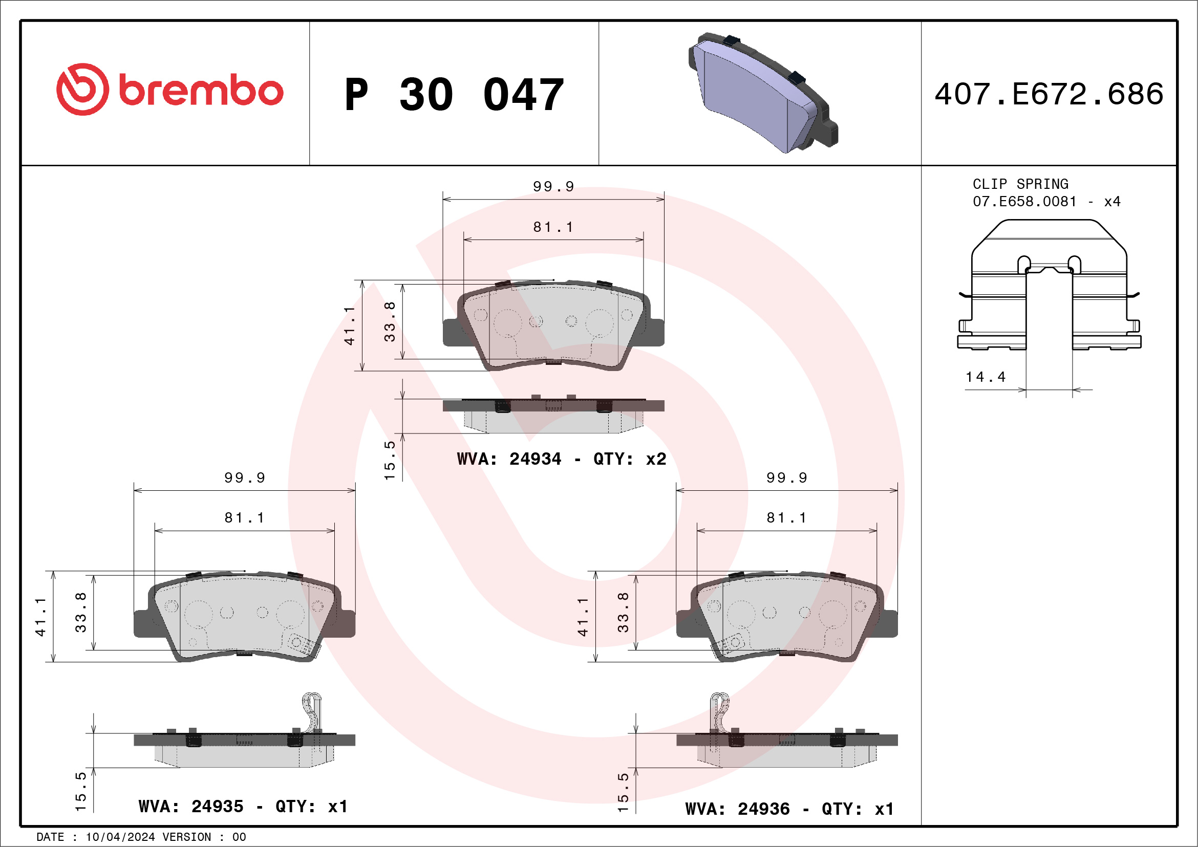 Brake Pad Set, disc brake - P 30 047 BREMBO