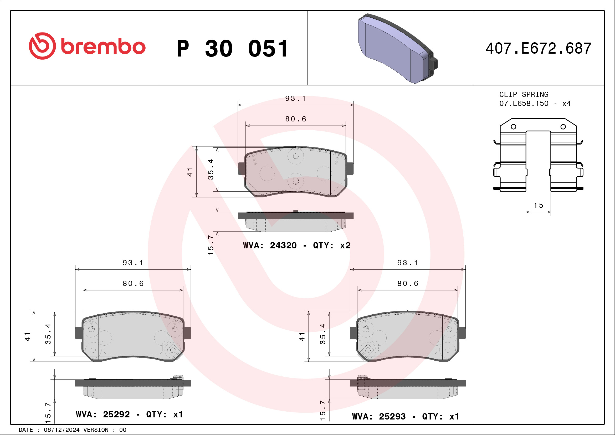 Brake Pad Set, disc brake - P 30 051 BREMBO