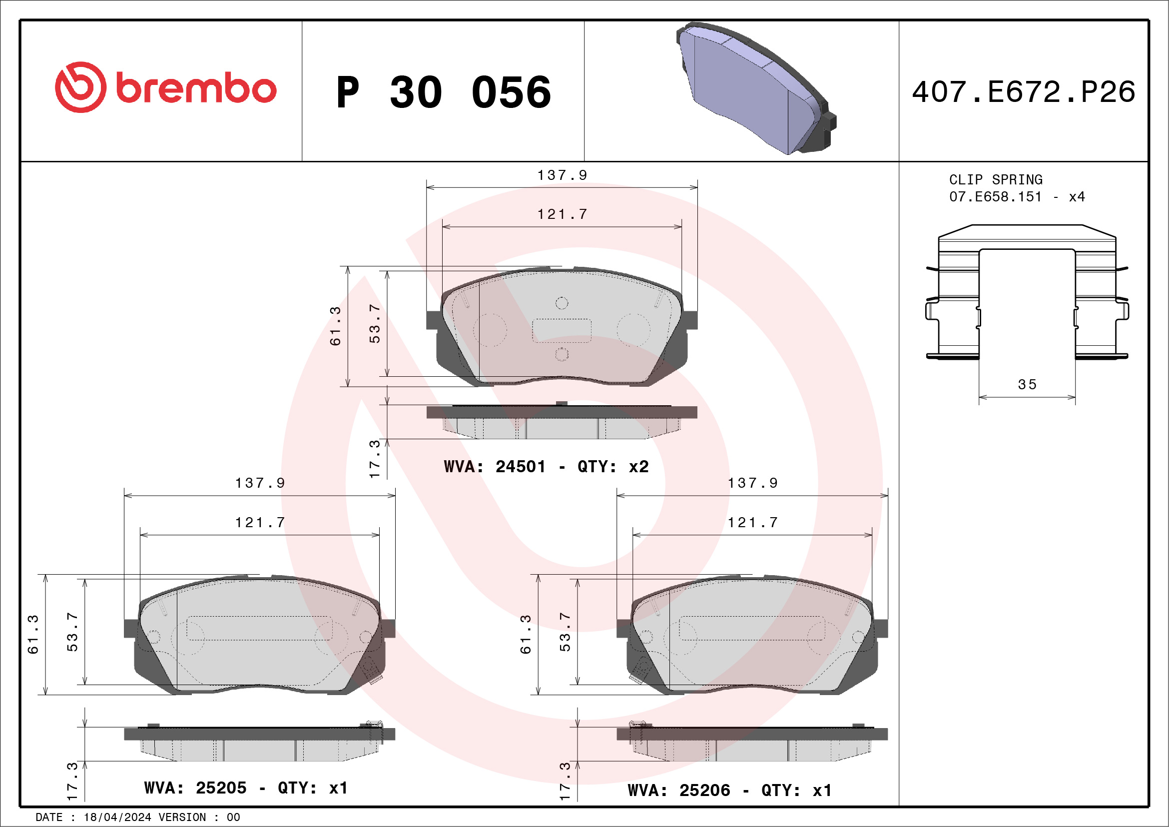Комплект тормозных колодок, дисковый тормоз - P 30 056 BREMBO
