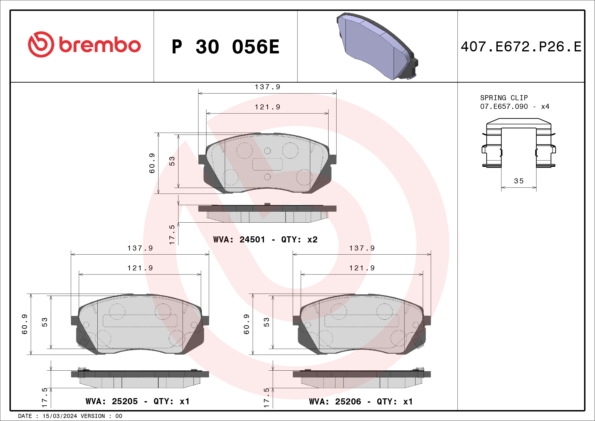 Brake Pad Set, disc brake - P 30 056E BREMBO
